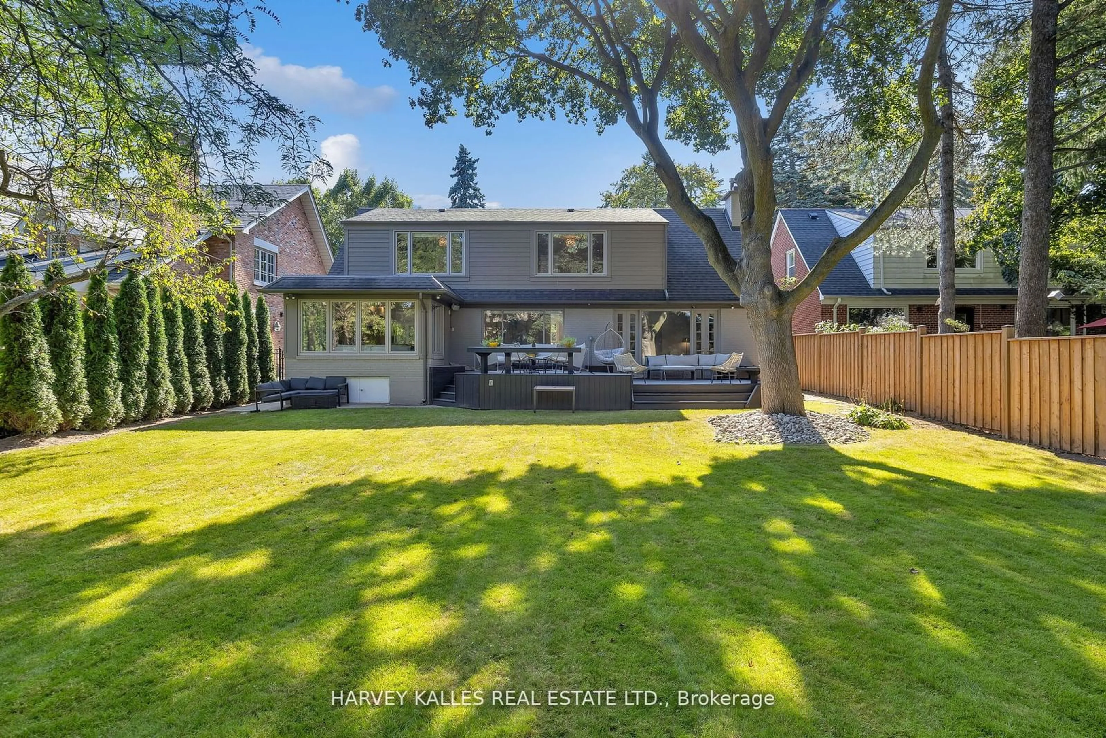 Frontside or backside of a home, the fenced backyard for 59 Edgevalley Dr, Toronto Ontario M9A 4P2