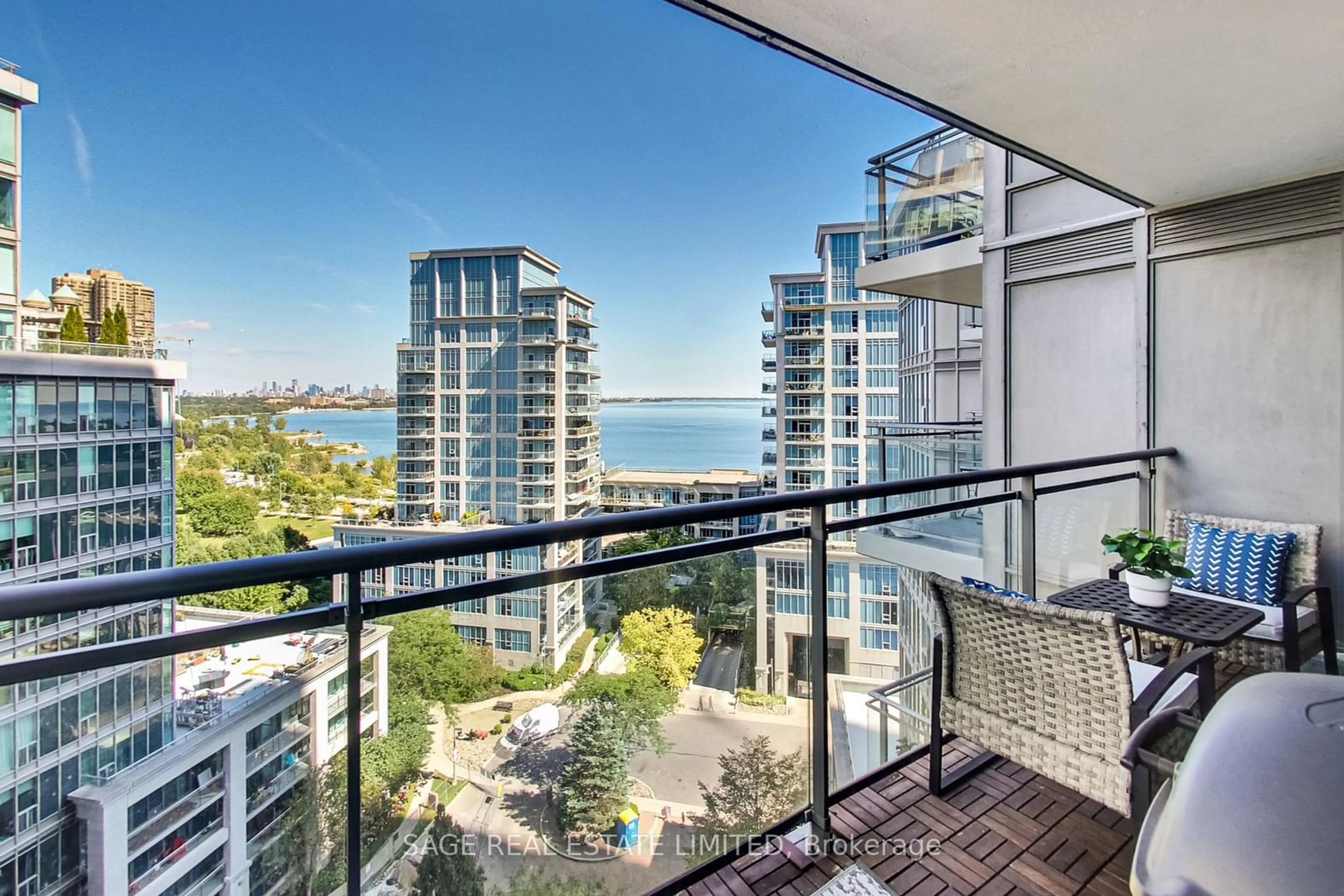 Balcony in the apartment, the view of city buildings for 2121 Lake Shore Blvd #1208, Toronto Ontario M8V 4E9