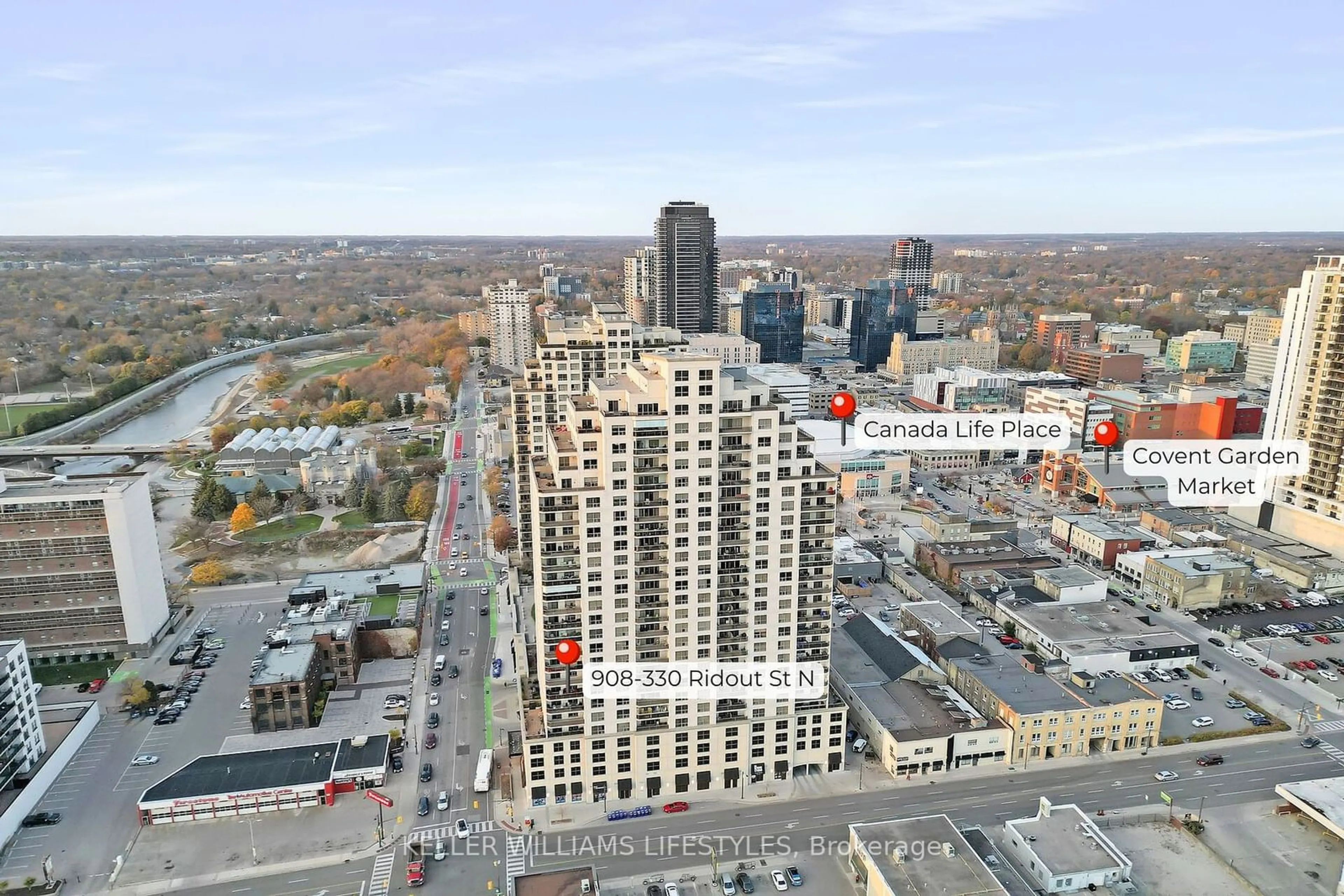 A pic from exterior of the house or condo, the view of city buildings for 330 Ridout St #908, London Ontario N6A 0A7