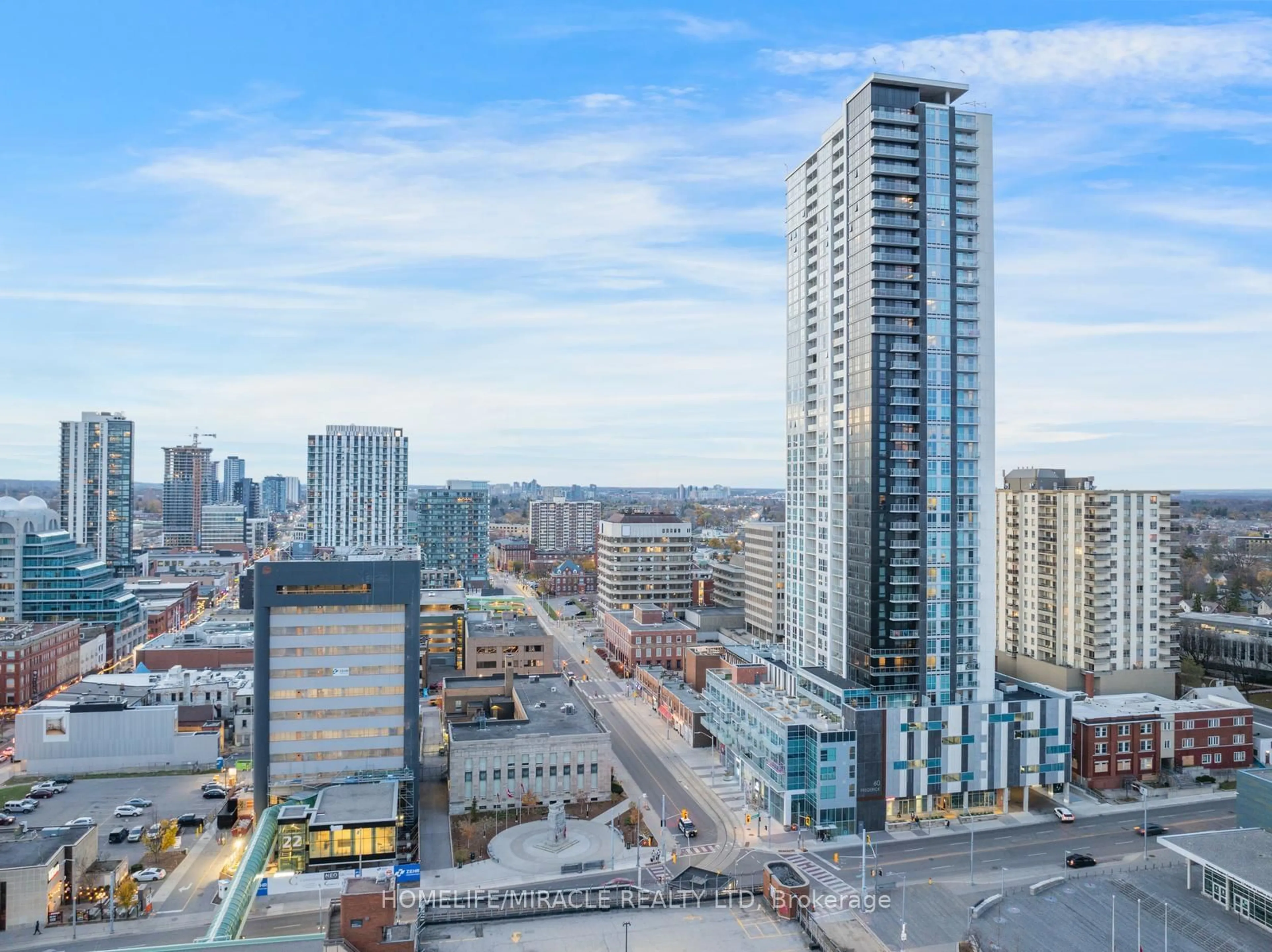 A pic from exterior of the house or condo, the view of city buildings for 60 Frederick St #1406, Kitchener Ontario N2H 0C7