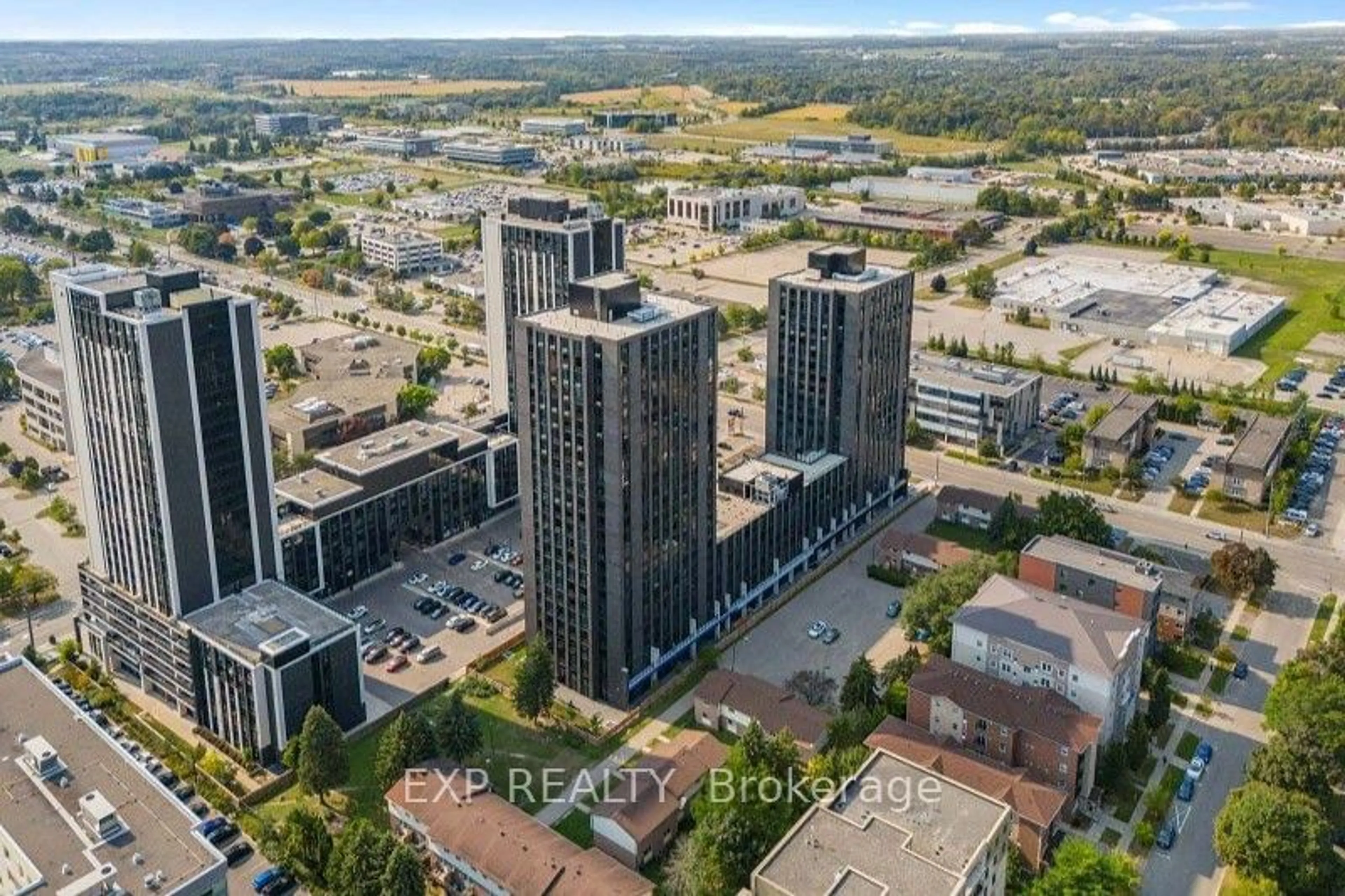 A pic from exterior of the house or condo, the view of city buildings for 145 Columbia St #907, Waterloo Ontario N2L 0K7