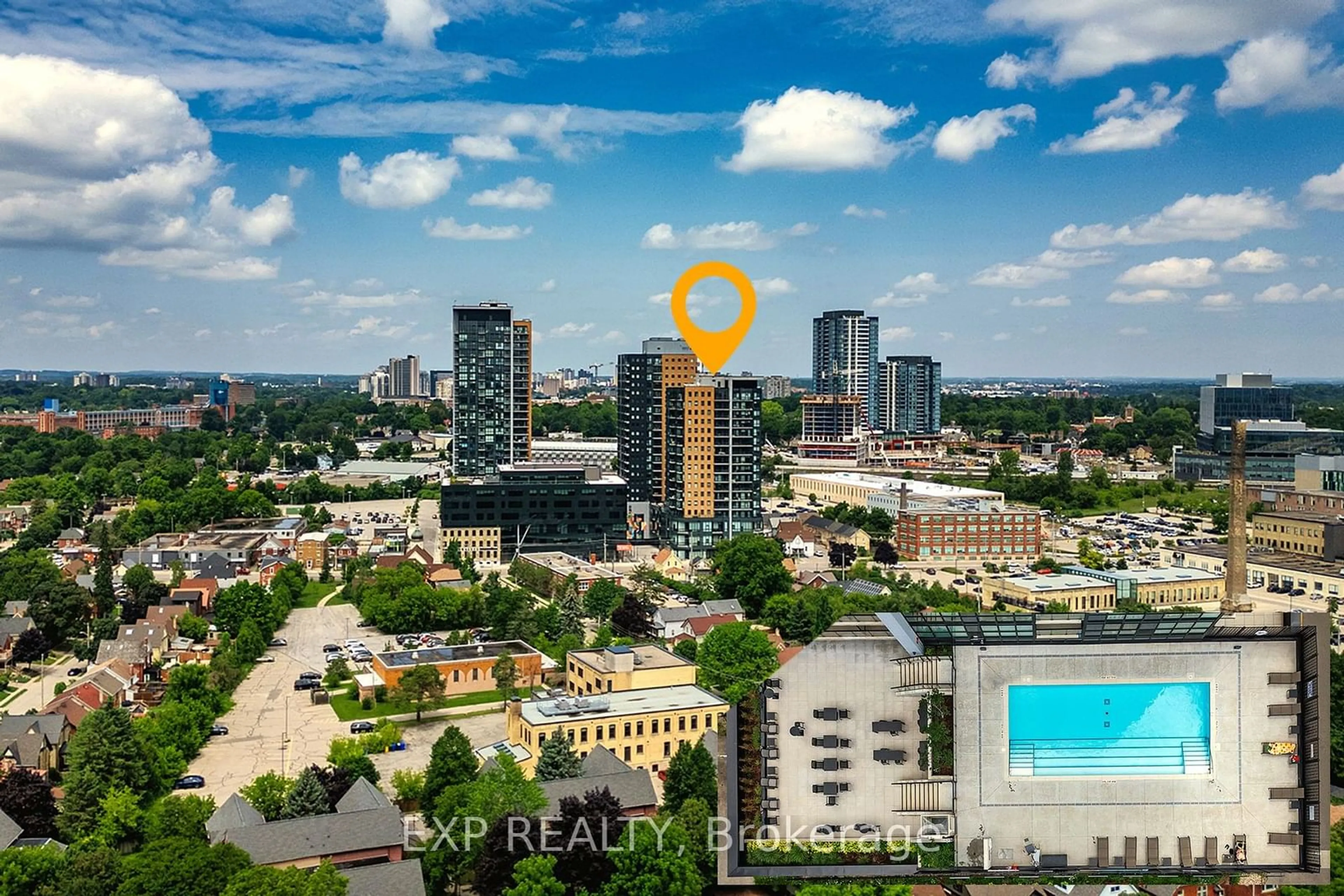 A pic from exterior of the house or condo, the view of city buildings for 100 Garment St #1104, Kitchener Ontario N2G 0C3