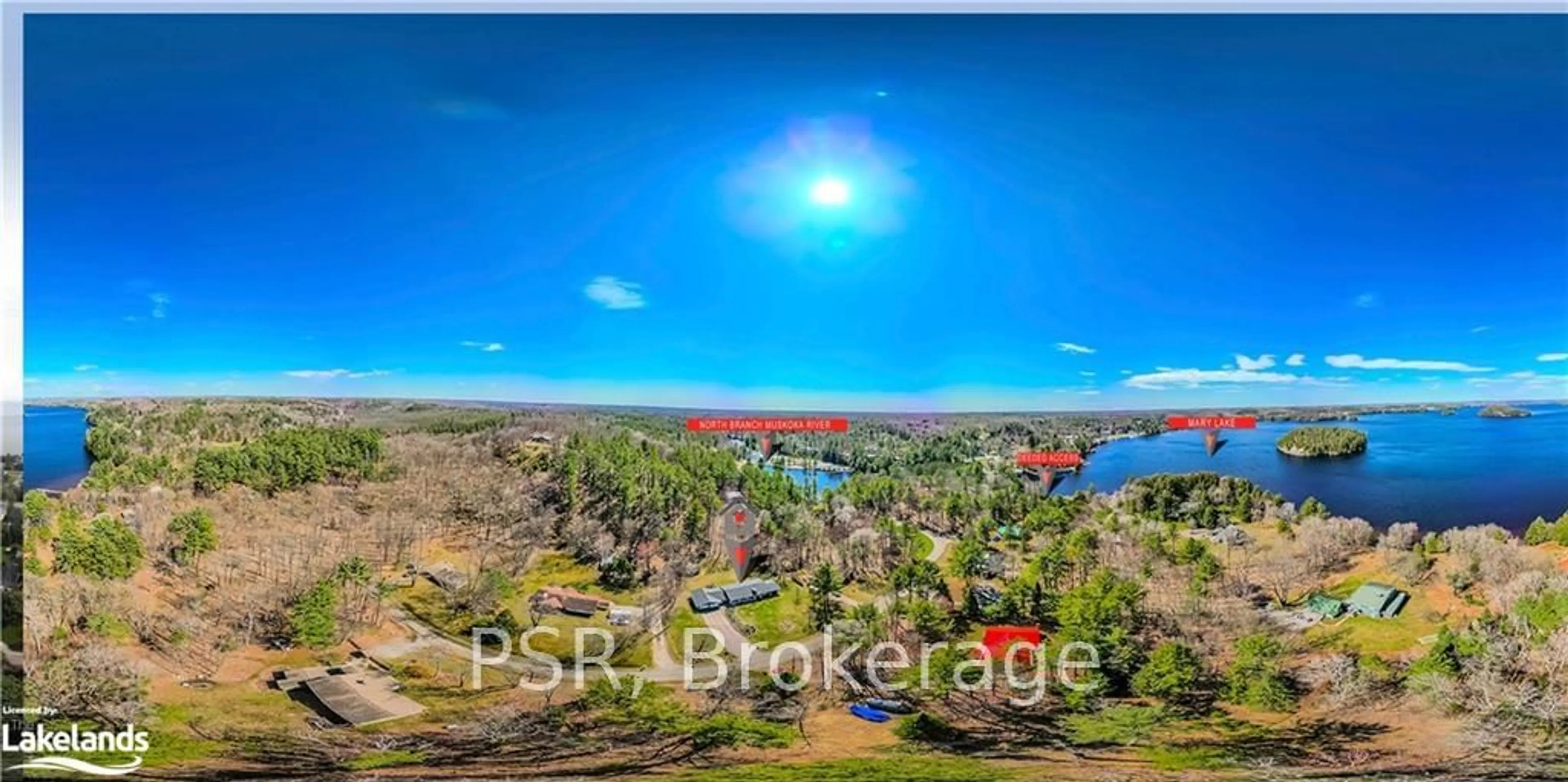 A pic from outside/outdoor area/front of a property/back of a property/a pic from drone, water/lake/river/ocean view for 51 Mary Lake Cres, Huntsville Ontario P0B 1L0