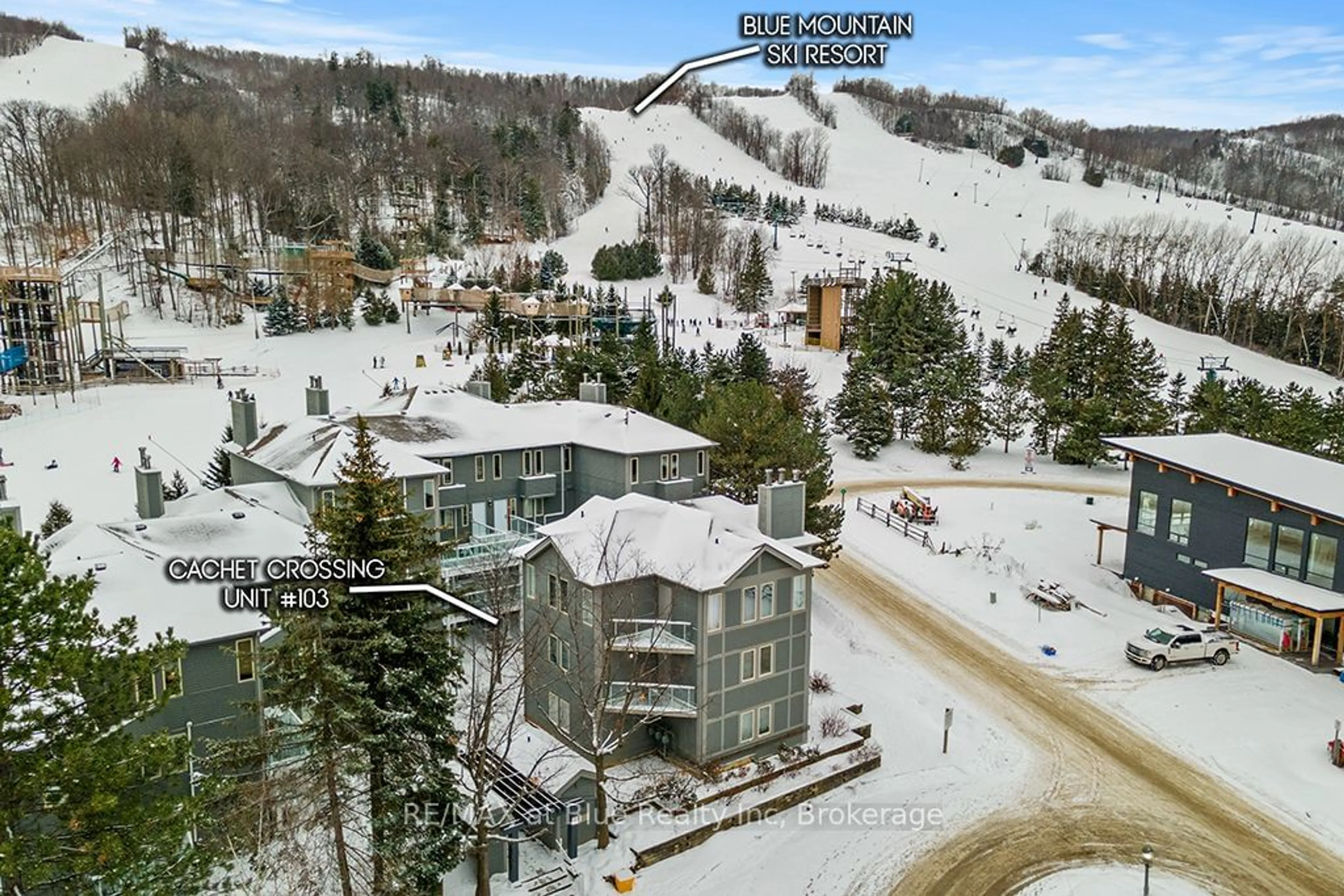 A pic from outside/outdoor area/front of a property/back of a property/a pic from drone, mountain view for 107 Ann Heggtveit Dr #103, Blue Mountains Ontario L9Y 0P7