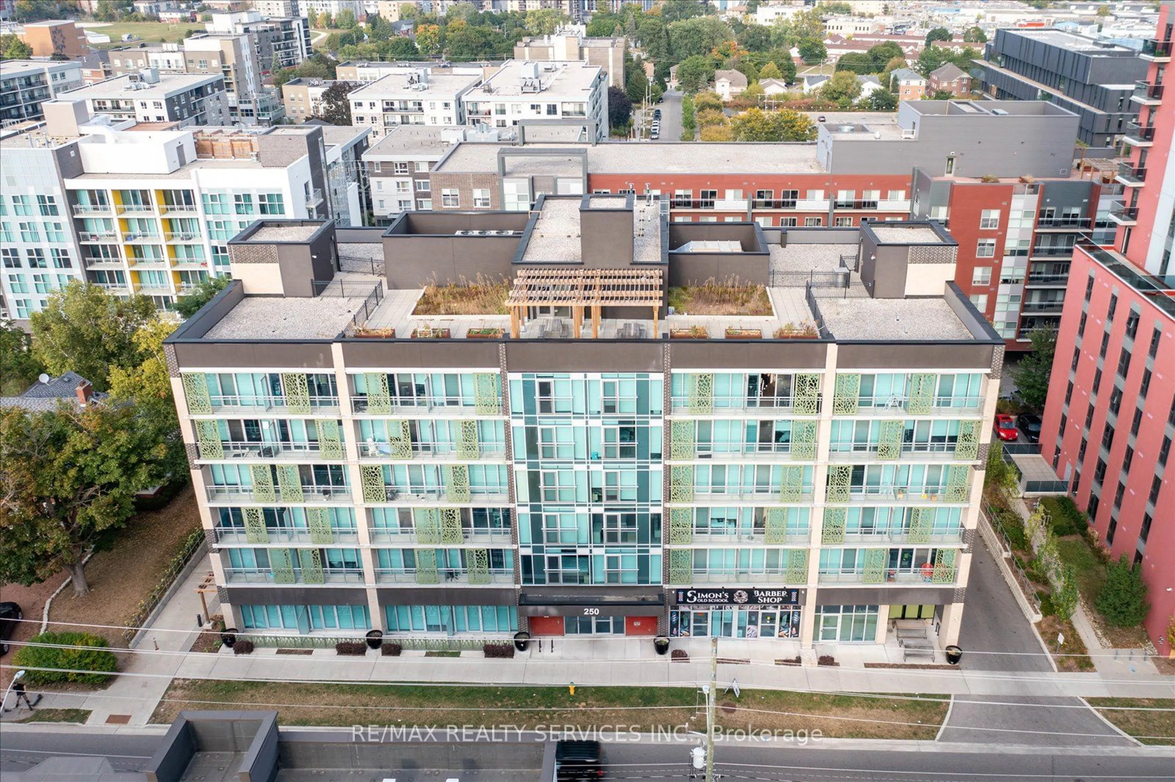 A pic from outside/outdoor area/front of a property/back of a property/a pic from drone, city buildings view from balcony for 250 Albert St #307, Waterloo Ontario N2L 0H5