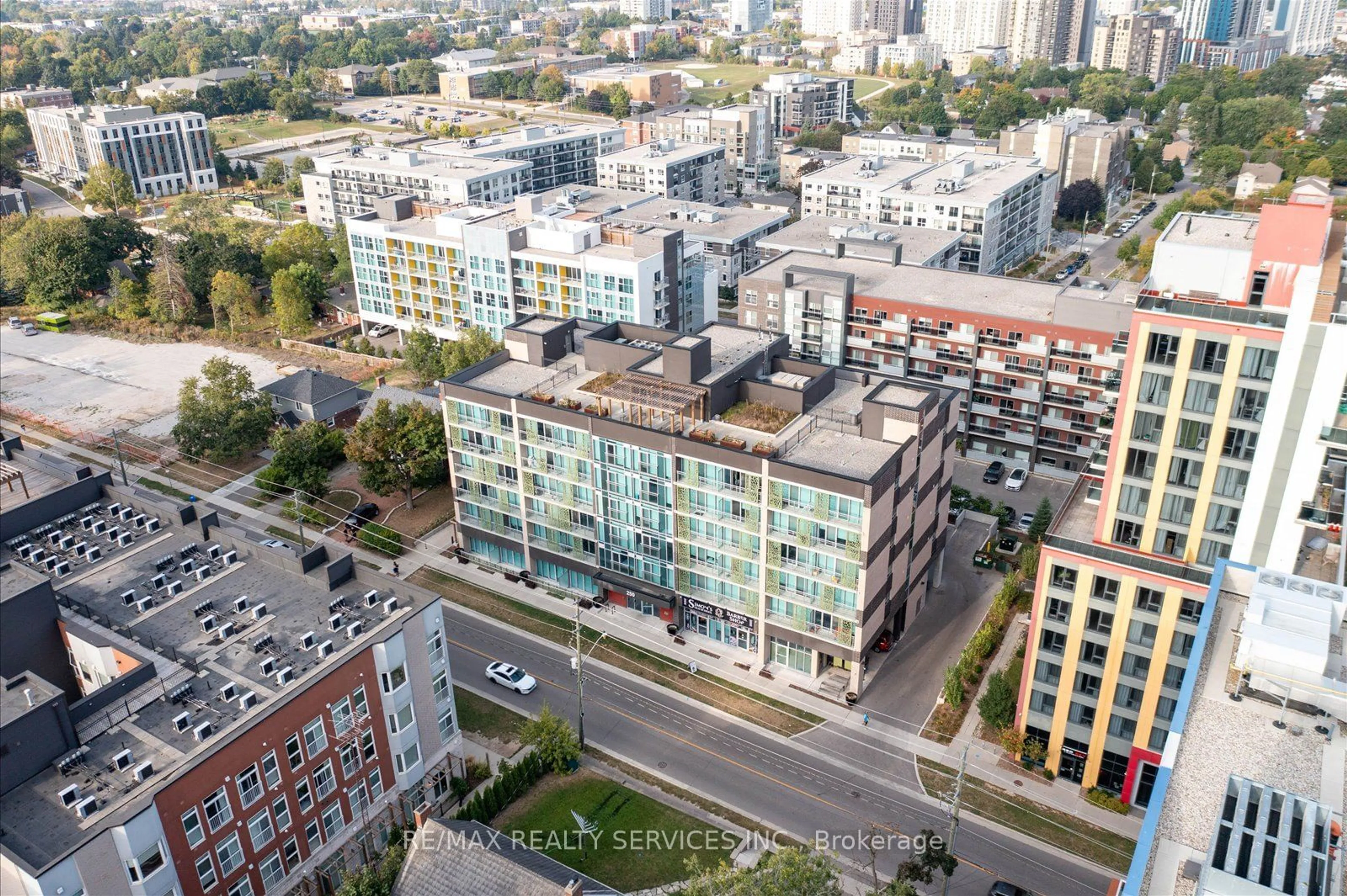 A pic from outside/outdoor area/front of a property/back of a property/a pic from drone, city buildings view from balcony for 250 Albert St #307, Waterloo Ontario N2L 0H5