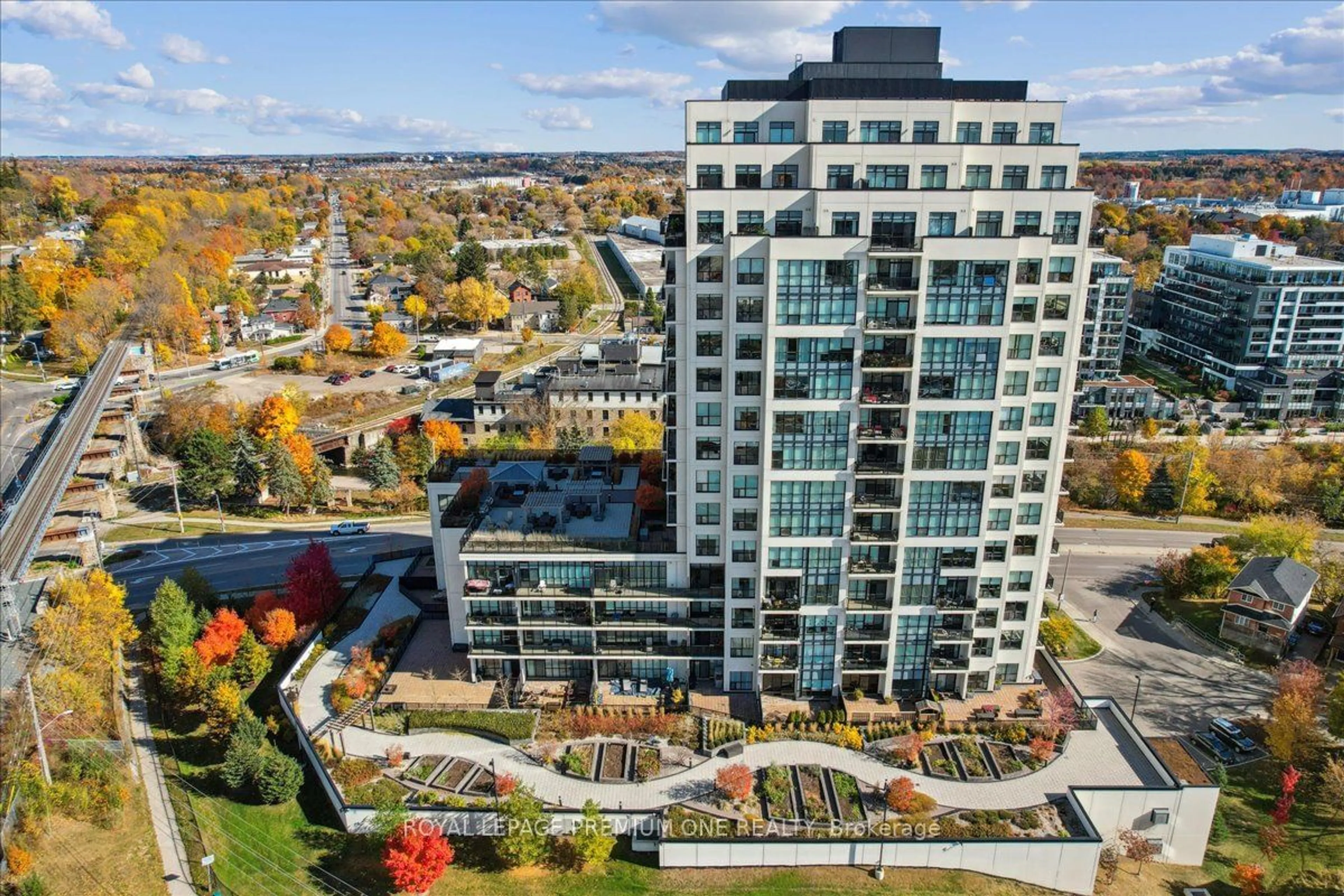 A pic from outside/outdoor area/front of a property/back of a property/a pic from drone, city buildings view from balcony for 150 Wellington St #301, Guelph Ontario N1H 0B5