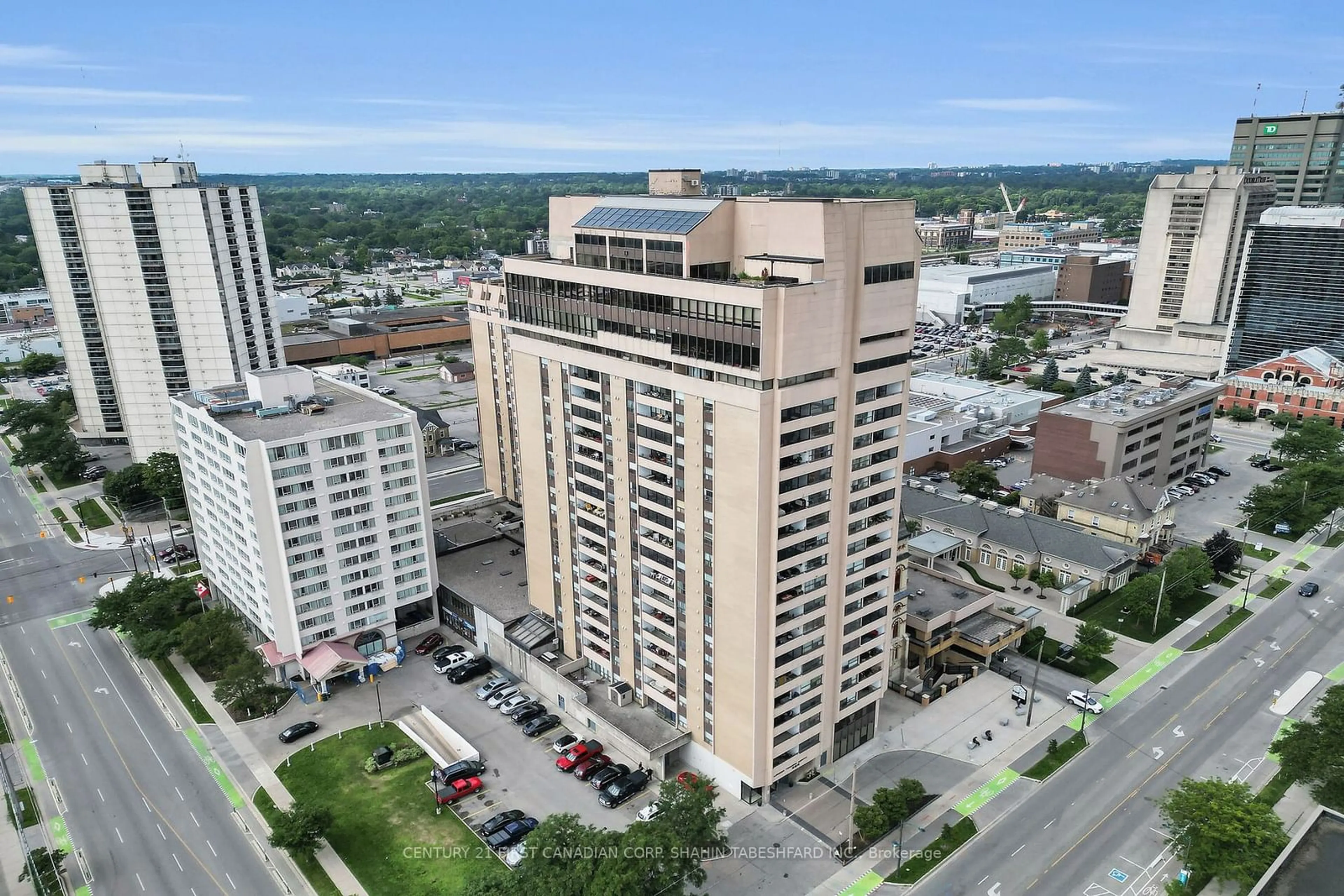 A pic from outside/outdoor area/front of a property/back of a property/a pic from drone, city buildings view from balcony for 389 Dundas St #2301, London Ontario N6B 3L5