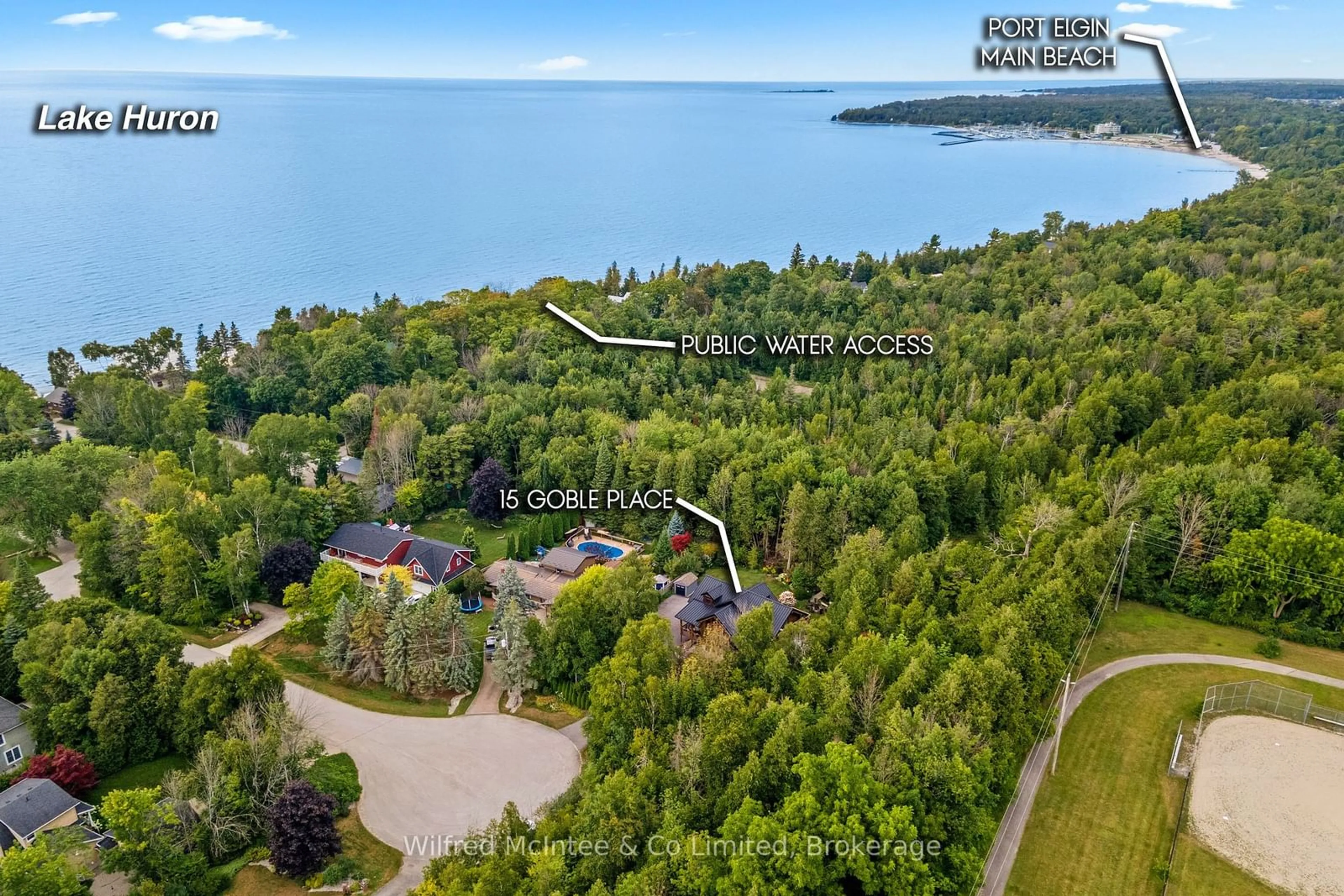 A pic from outside/outdoor area/front of a property/back of a property/a pic from drone, water/lake/river/ocean view for 15 Goble Pl, Saugeen Shores Ontario N0H 2C5