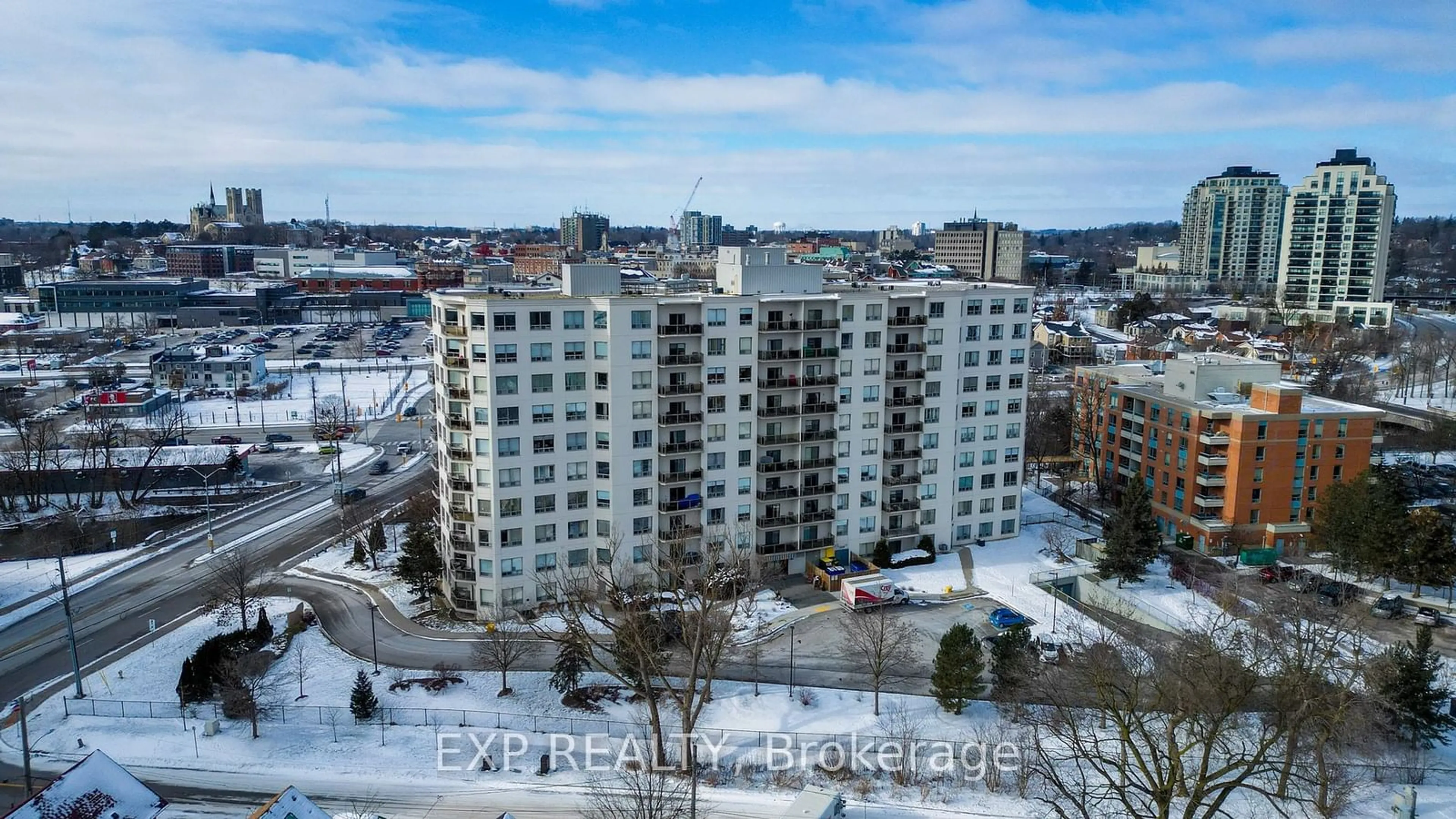 A pic from outside/outdoor area/front of a property/back of a property/a pic from drone, city buildings view from balcony for 60 Wyndham St #901, Guelph Ontario N1E 7H7