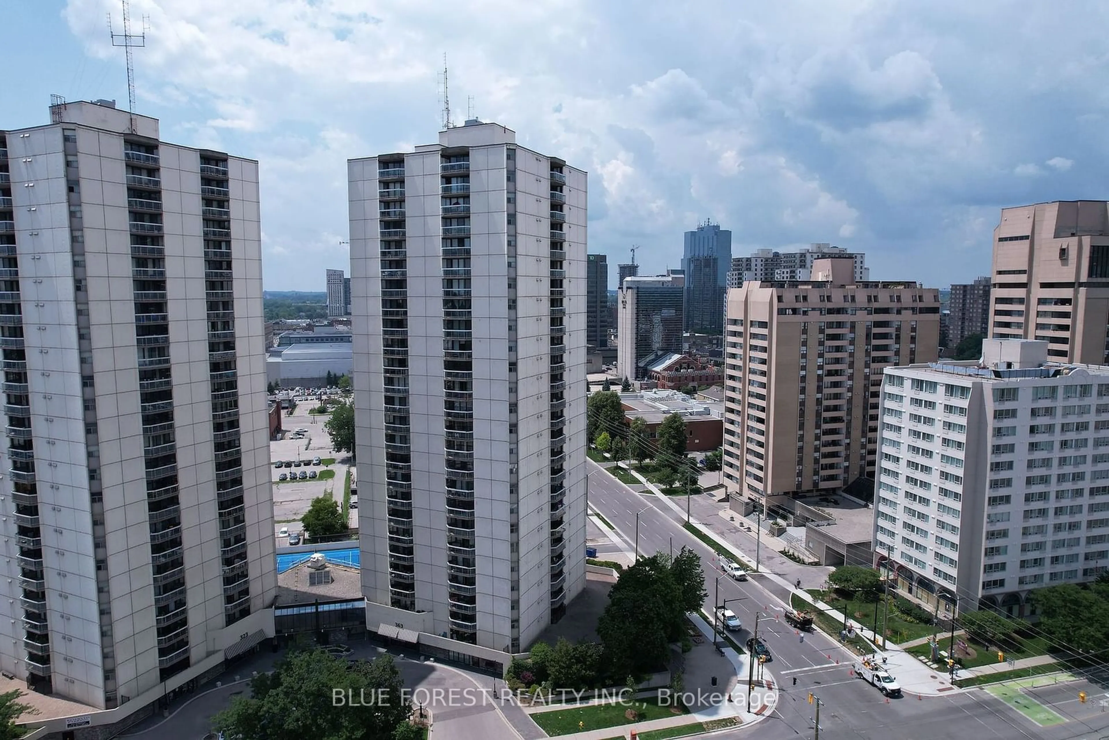 A pic from outside/outdoor area/front of a property/back of a property/a pic from drone, city buildings view from balcony for 363 Colborne St #1806, London Ontario N6B 3N3