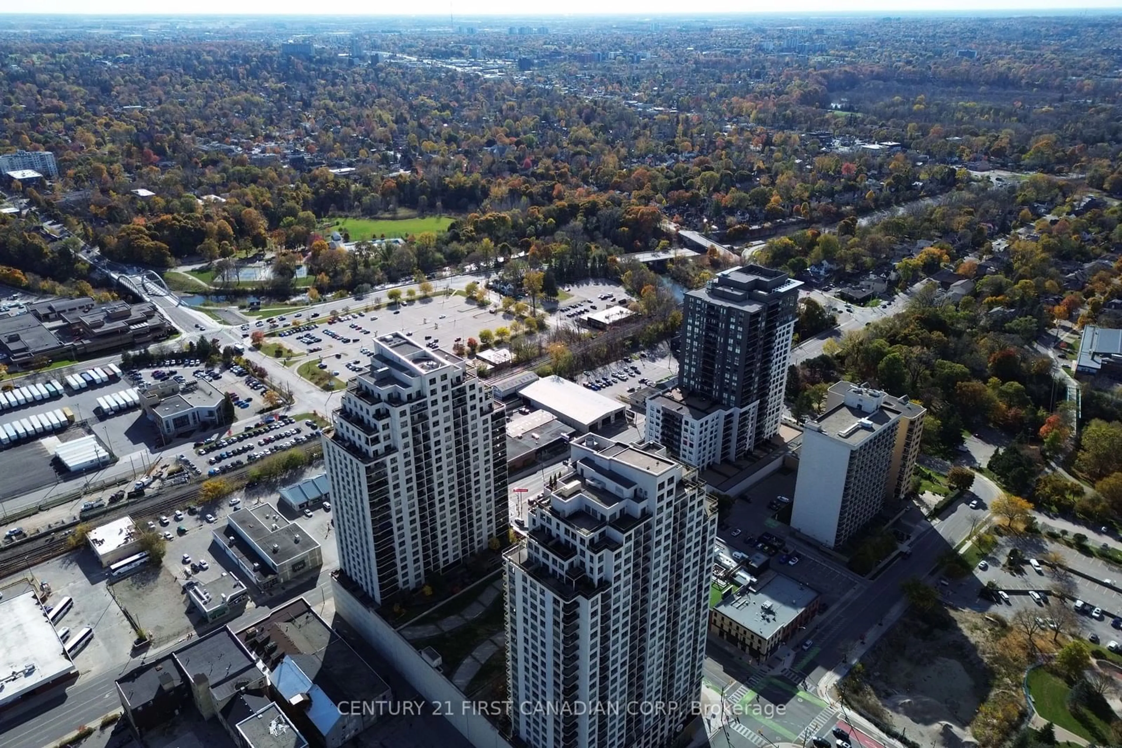 A pic from outside/outdoor area/front of a property/back of a property/a pic from drone, city buildings view from balcony for 330 Ridout St #2701/04, London Ontario N6A 0A7