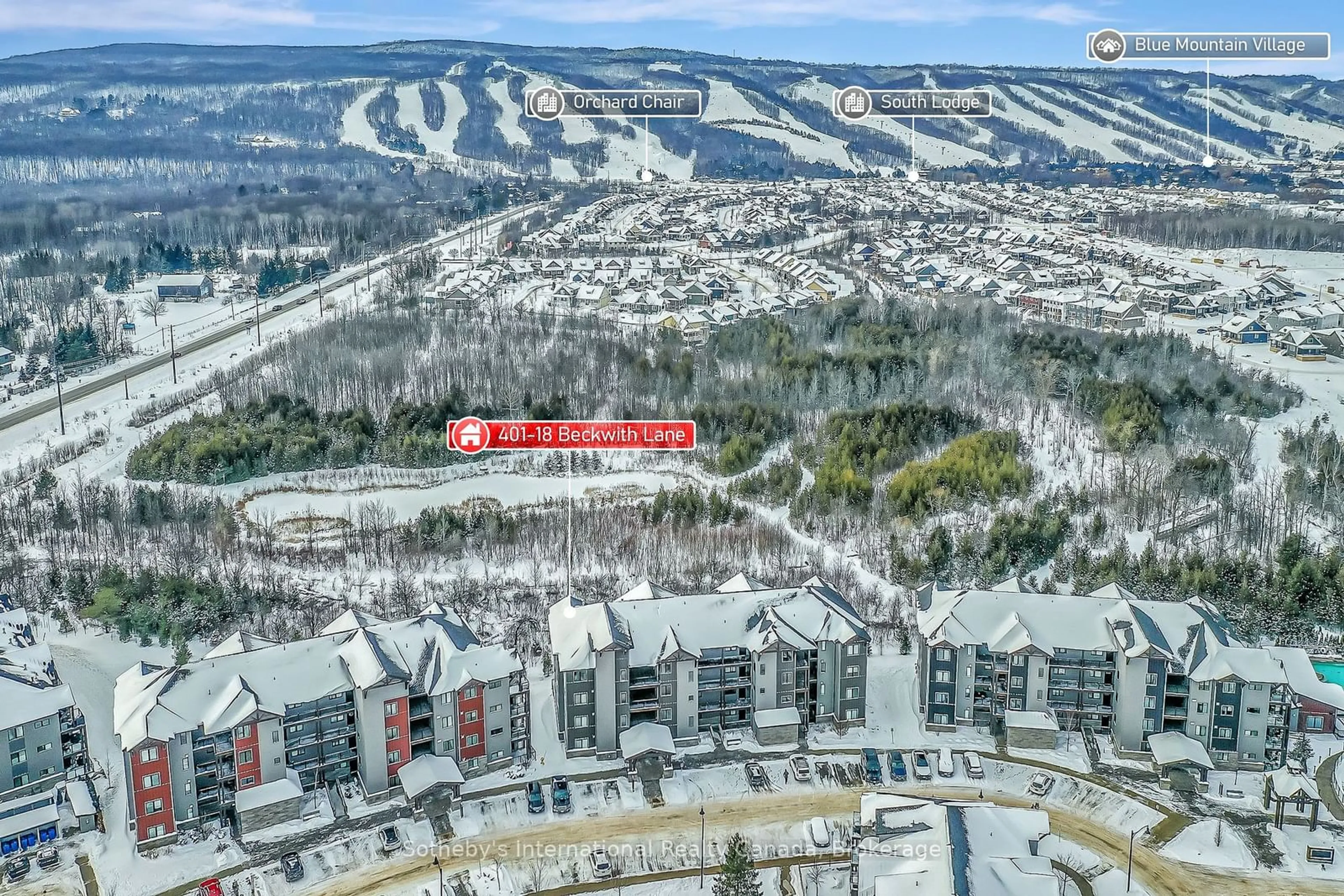 A pic from outside/outdoor area/front of a property/back of a property/a pic from drone, mountain view for 18 Beckwith Lane #401, Blue Mountains Ontario L9Y 3B6