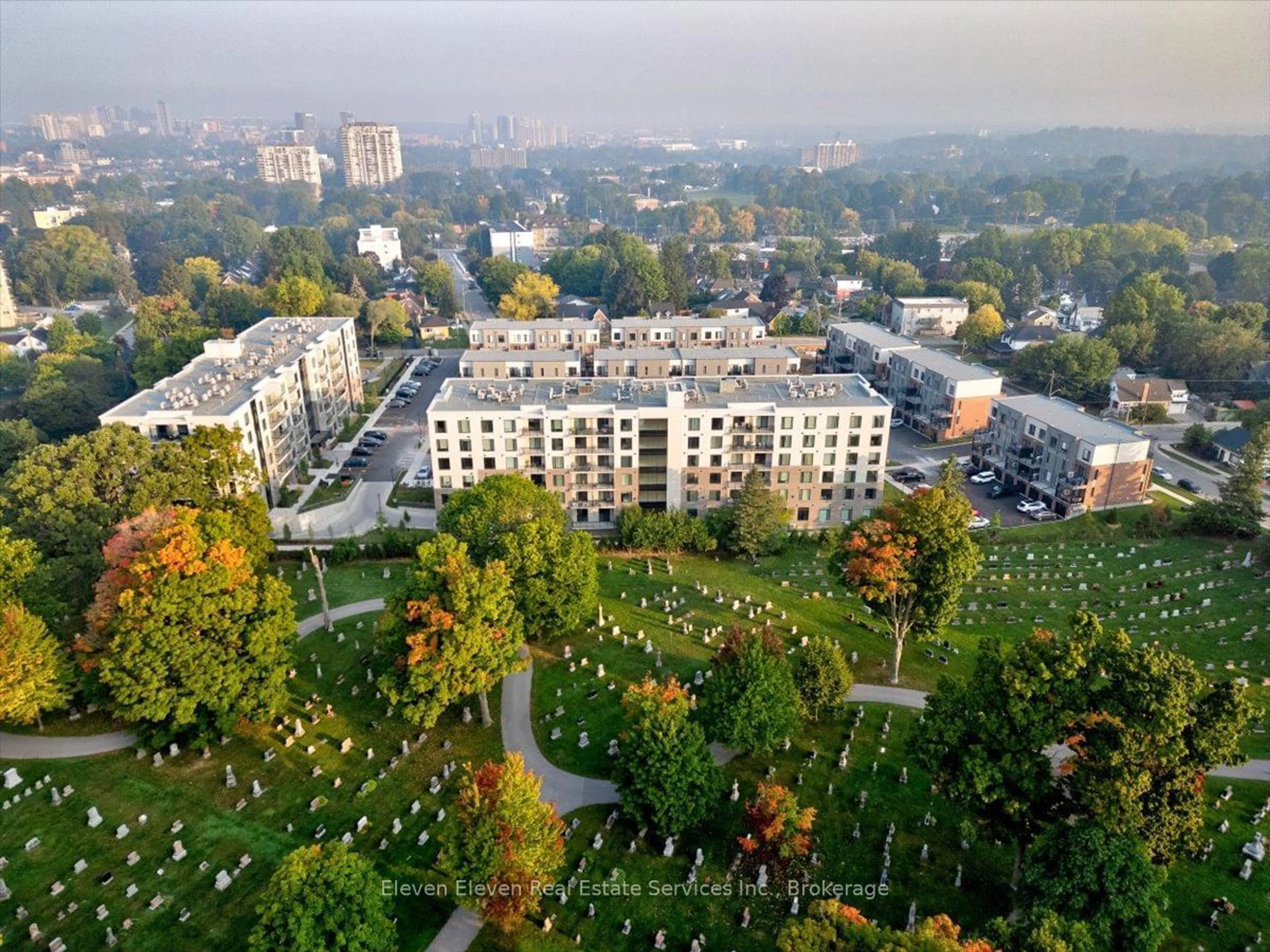 A pic from outside/outdoor area/front of a property/back of a property/a pic from drone, city buildings view from balcony for 107 Roger St #101, Waterloo Ontario N2J 0G3