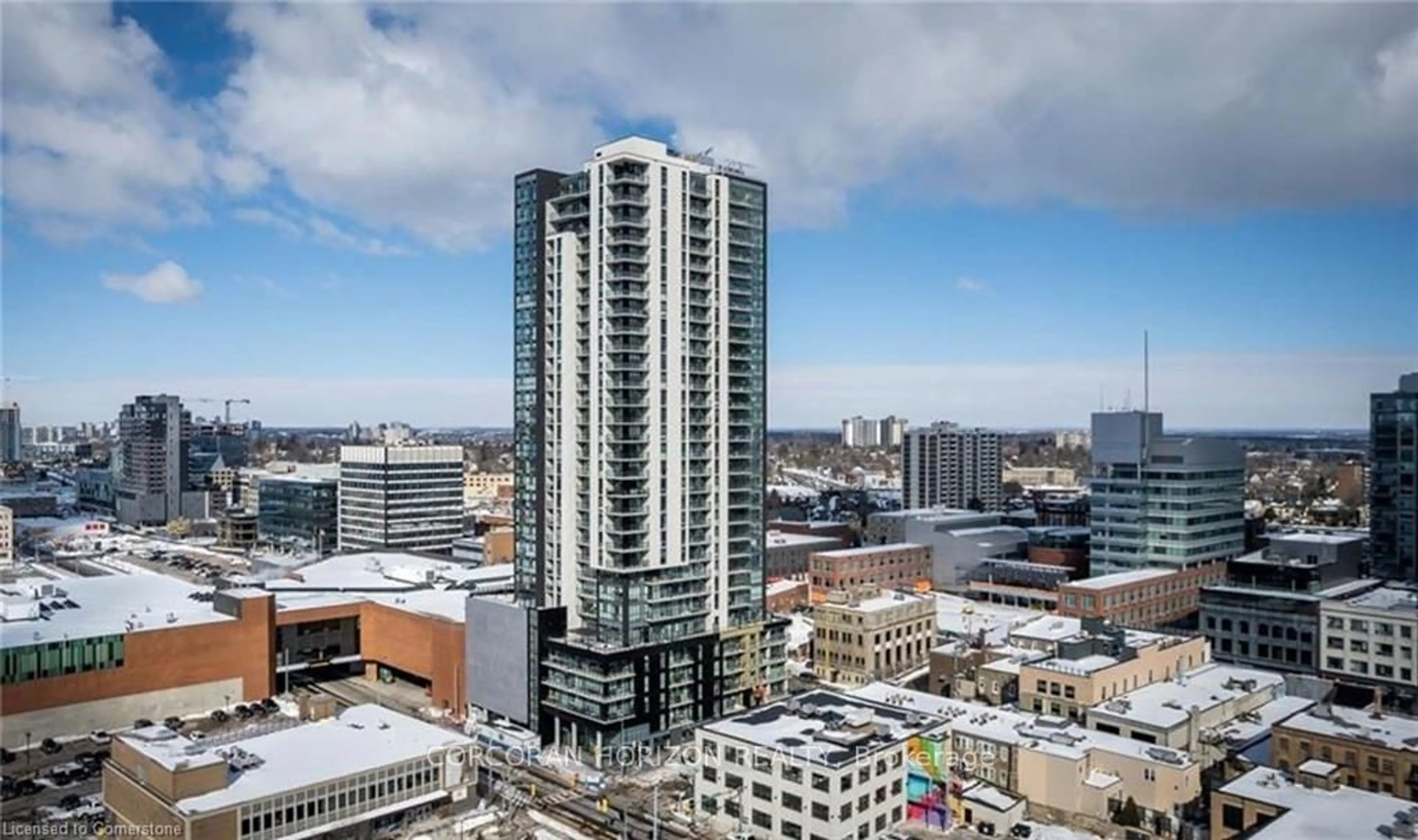 A pic from outside/outdoor area/front of a property/back of a property/a pic from drone, city buildings view from balcony for 60 Charles St #2403, Kitchener Ontario N2G 0C9