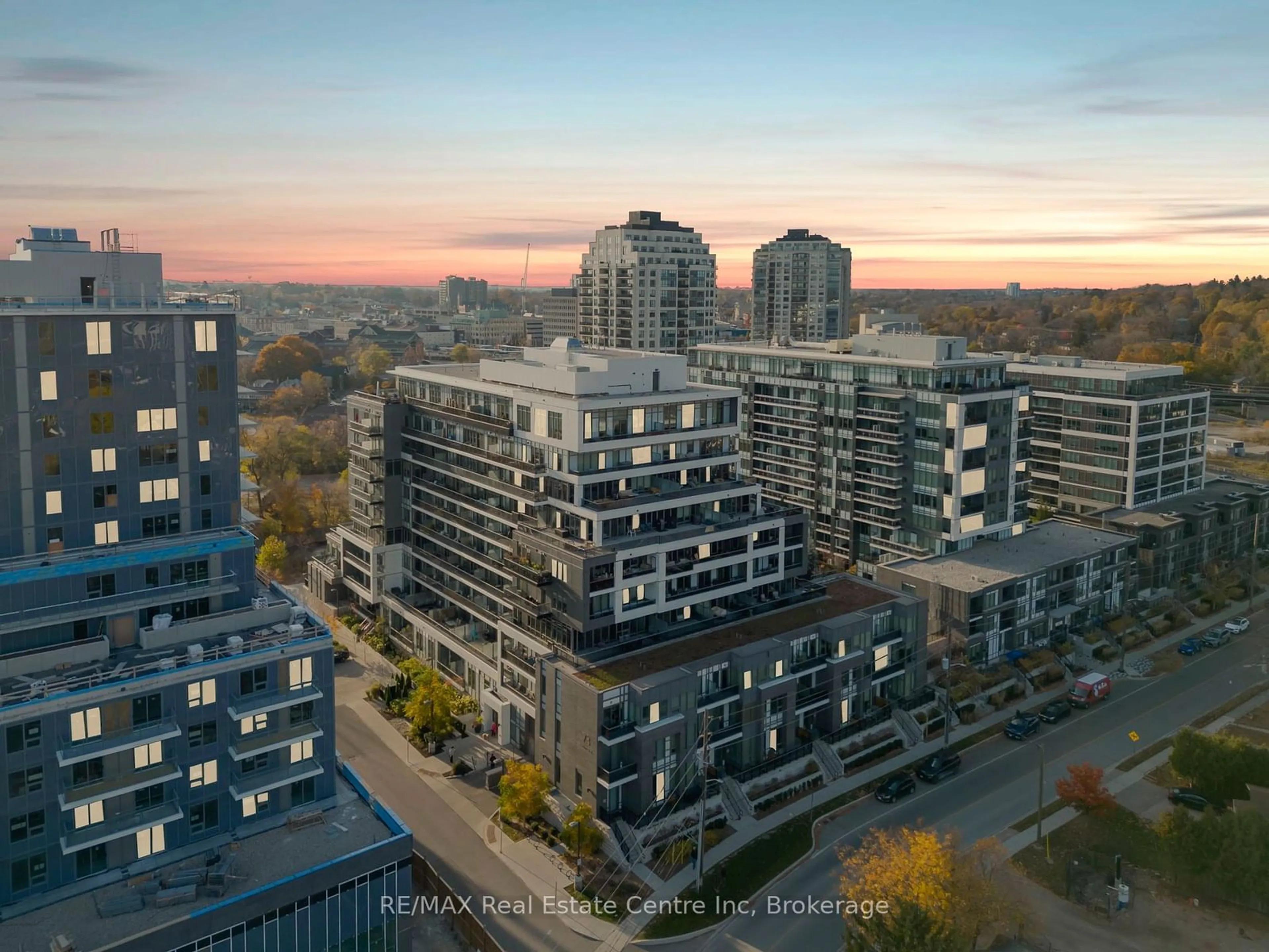 A pic from outside/outdoor area/front of a property/back of a property/a pic from drone, city buildings view from balcony for 73 ARTHUR St #103, Guelph Ontario N1E 0S6