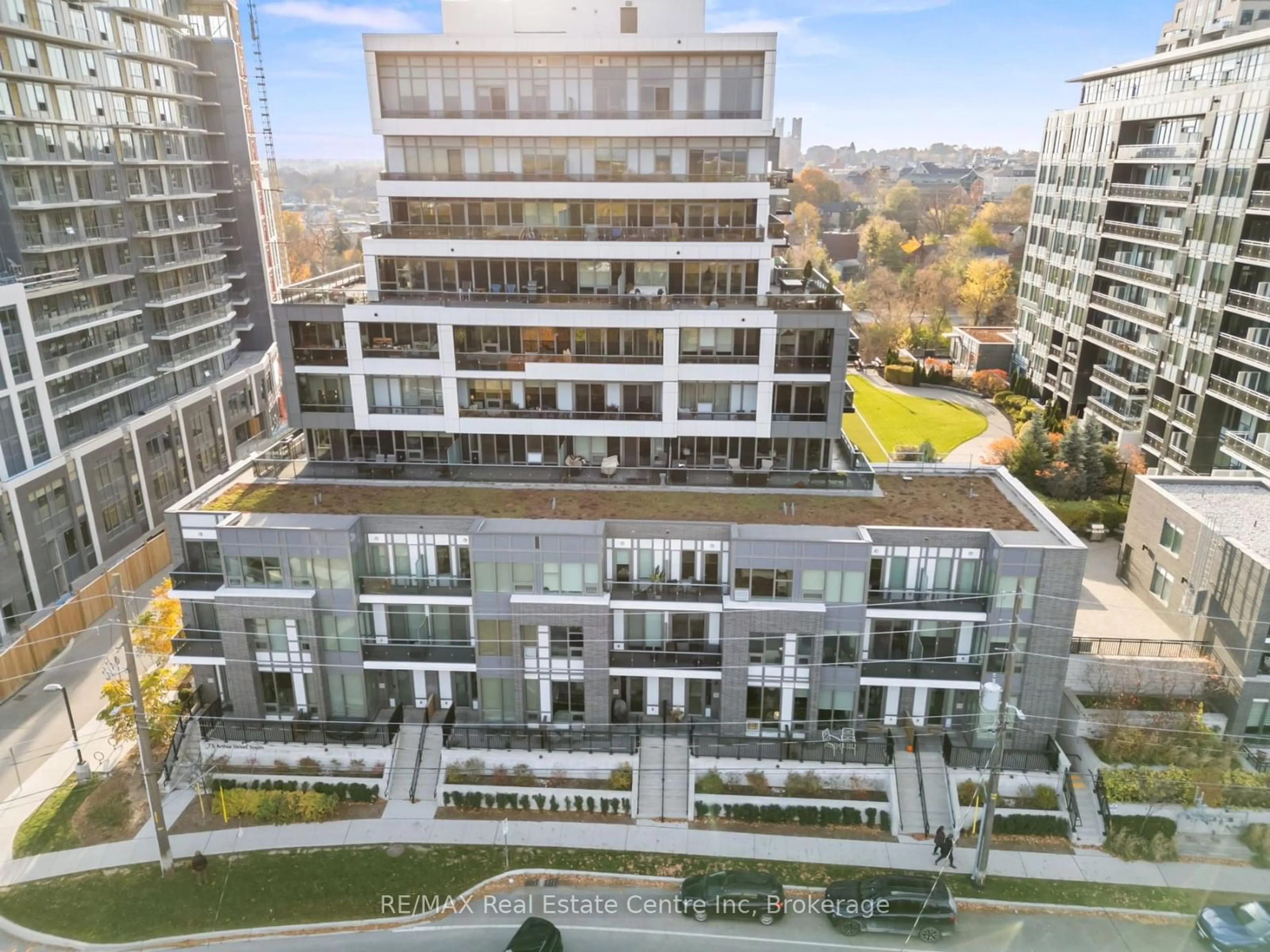 A pic from outside/outdoor area/front of a property/back of a property/a pic from drone, city buildings view from balcony for 73 ARTHUR St #103, Guelph Ontario N1E 0S6