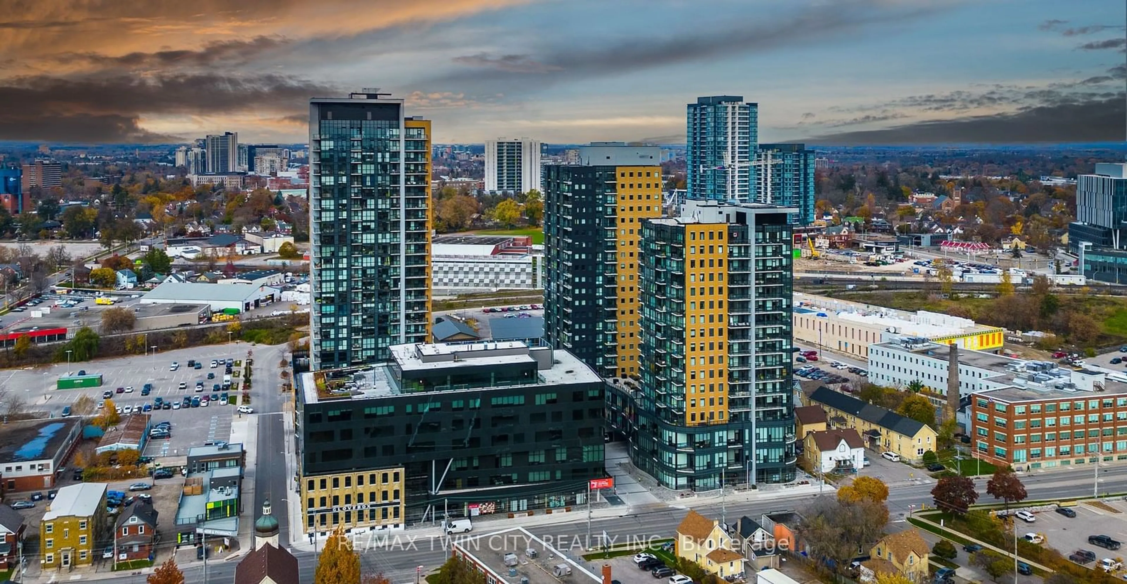 A pic from outside/outdoor area/front of a property/back of a property/a pic from drone, city buildings view from balcony for 108 Garment St #713, Waterloo Ontario N2G 0E2