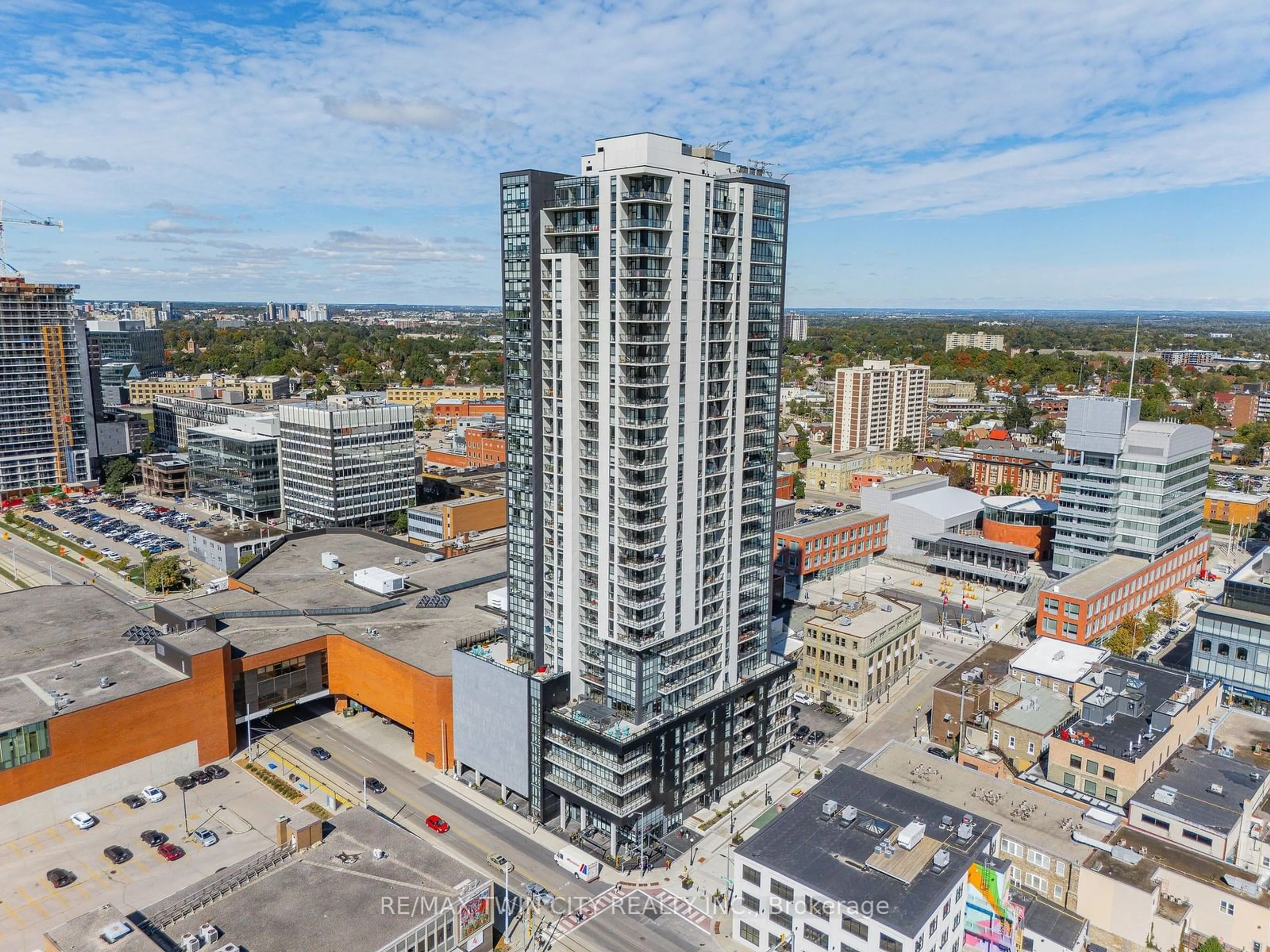 A pic from outside/outdoor area/front of a property/back of a property/a pic from drone, city buildings view from balcony for 60 Charles St #807, Kitchener Ontario N2G 0C9