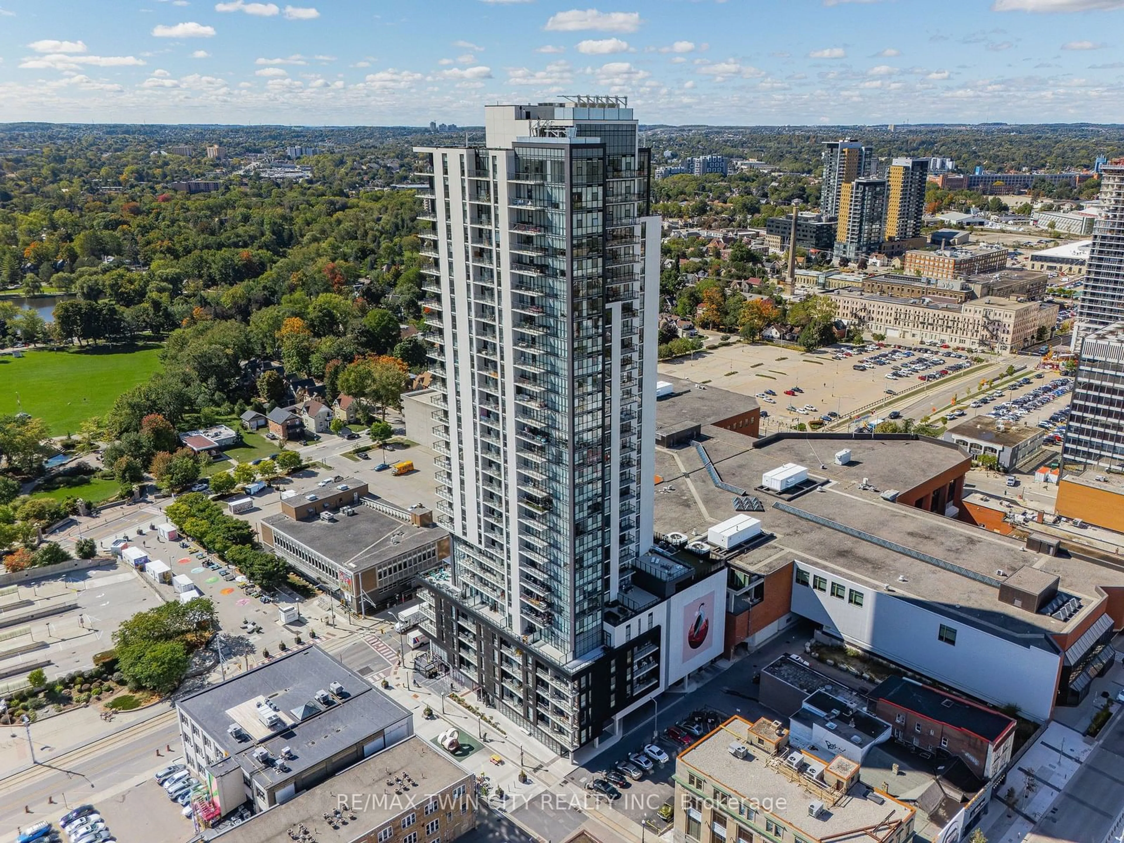 A pic from outside/outdoor area/front of a property/back of a property/a pic from drone, city buildings view from balcony for 60 Charles St #807, Kitchener Ontario N2G 0C9