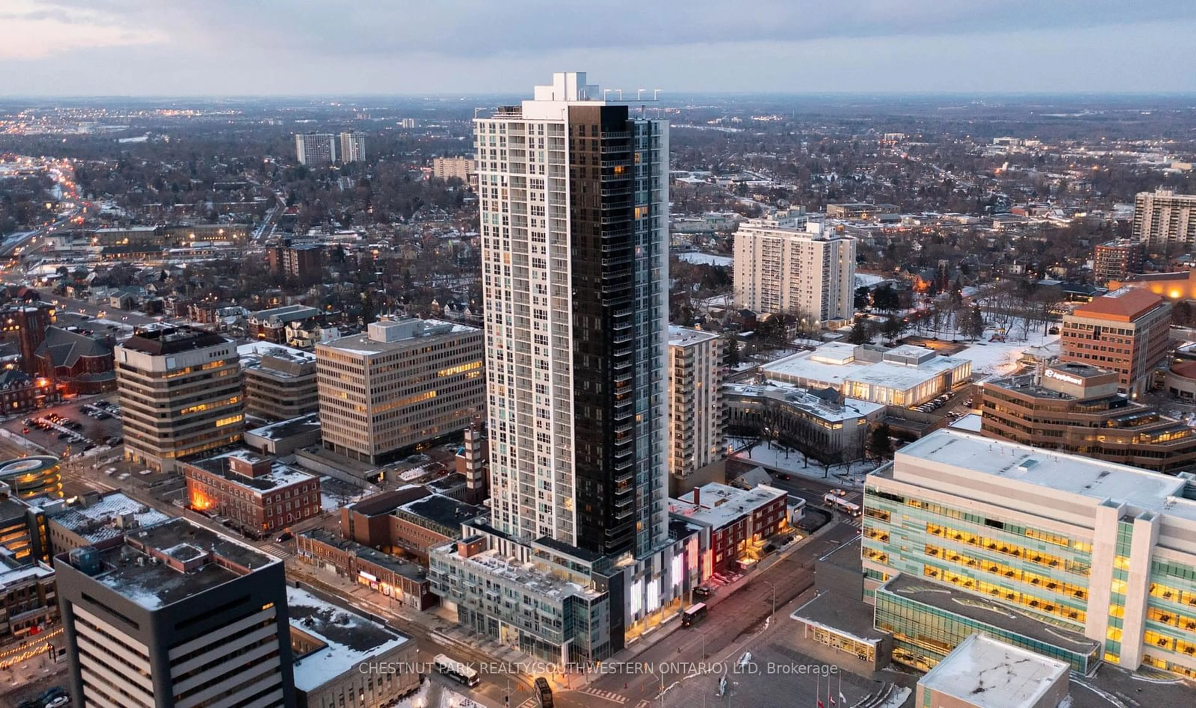 A pic from outside/outdoor area/front of a property/back of a property/a pic from drone, city buildings view from balcony for 60 Frederick St #1805, Kitchener Ontario N2H 0C7