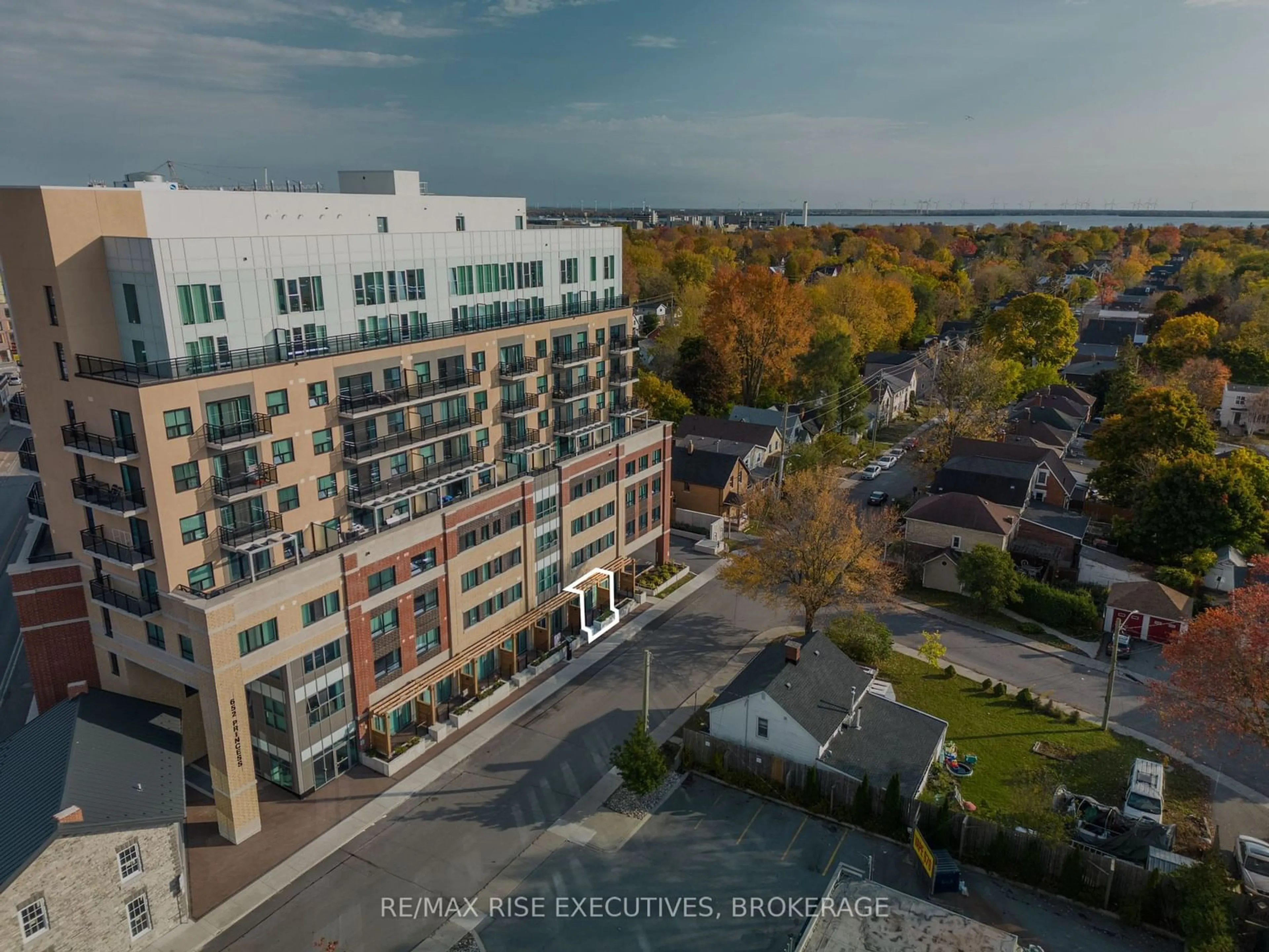 A pic from outside/outdoor area/front of a property/back of a property/a pic from drone, city buildings view from balcony for 652 Princess St #106, Kingston Ontario K7L 1E5