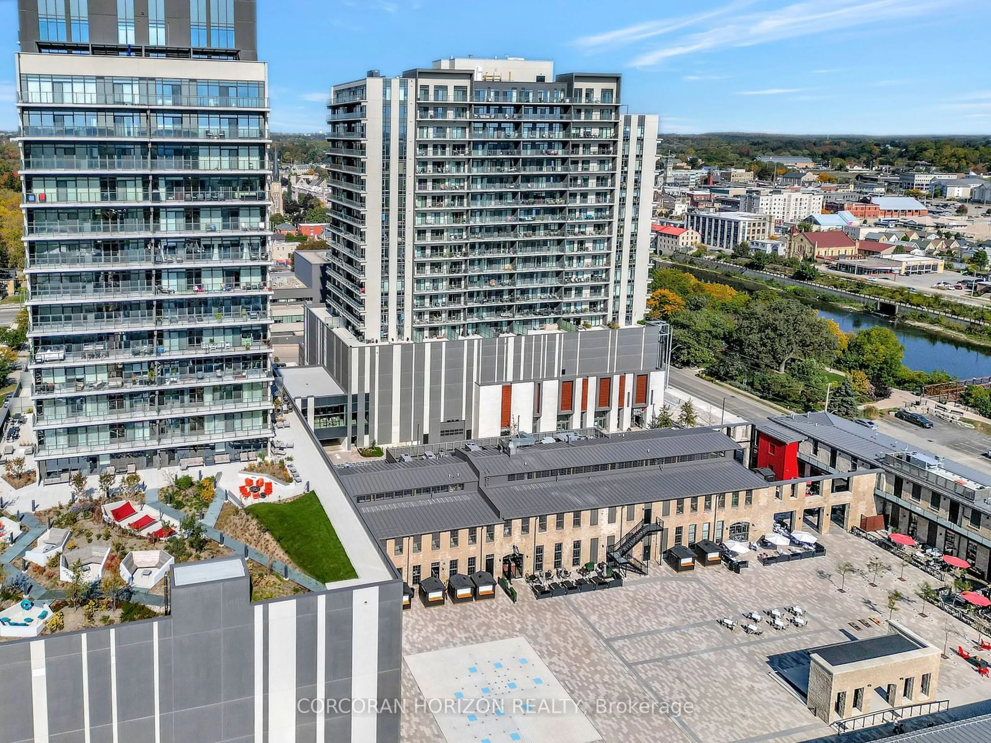 A pic from outside/outdoor area/front of a property/back of a property/a pic from drone, city buildings view from balcony for 50 Grand Ave #801, Cambridge Ontario N1S 2L8