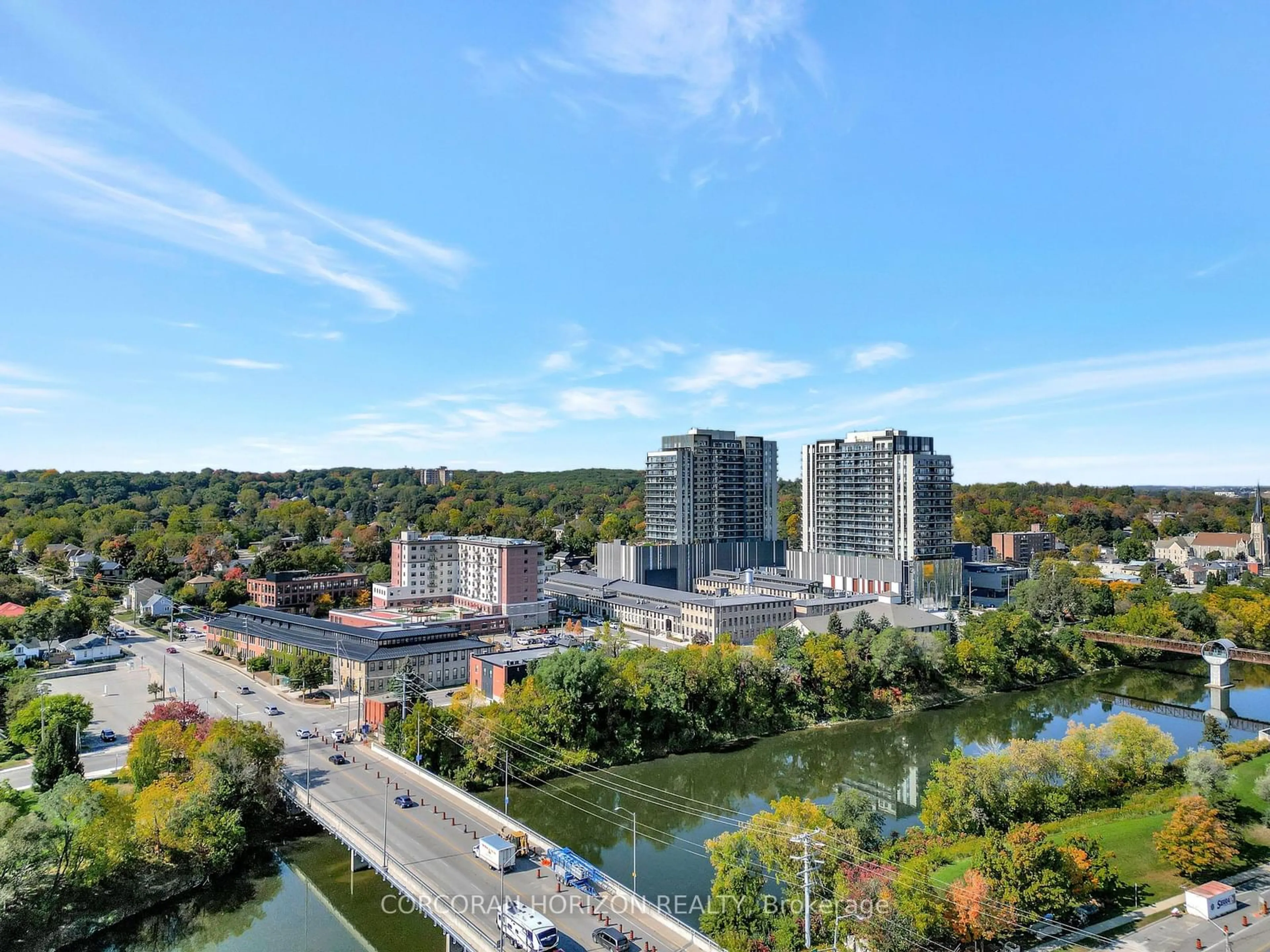 A pic from outside/outdoor area/front of a property/back of a property/a pic from drone, city buildings view from balcony for 50 Grand Ave #801, Cambridge Ontario N1S 2L8