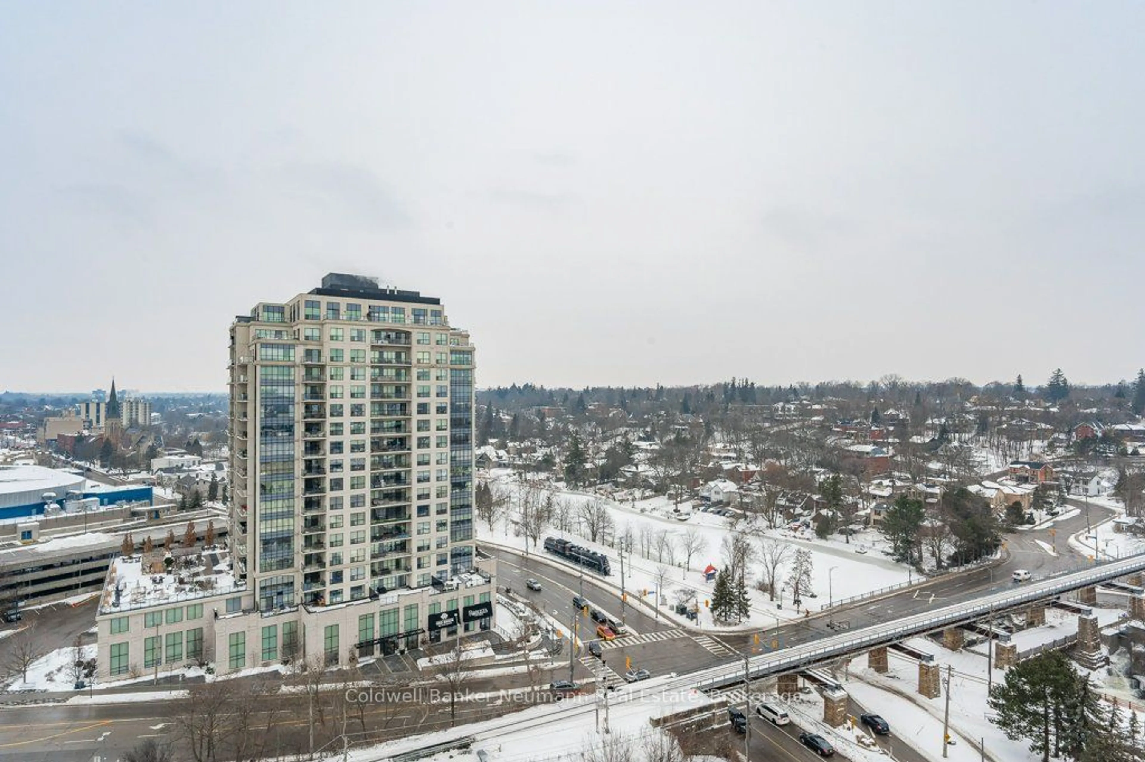 Patio, city buildings view from balcony for 150 Wellington St #1502, Guelph Ontario N1H 3R2