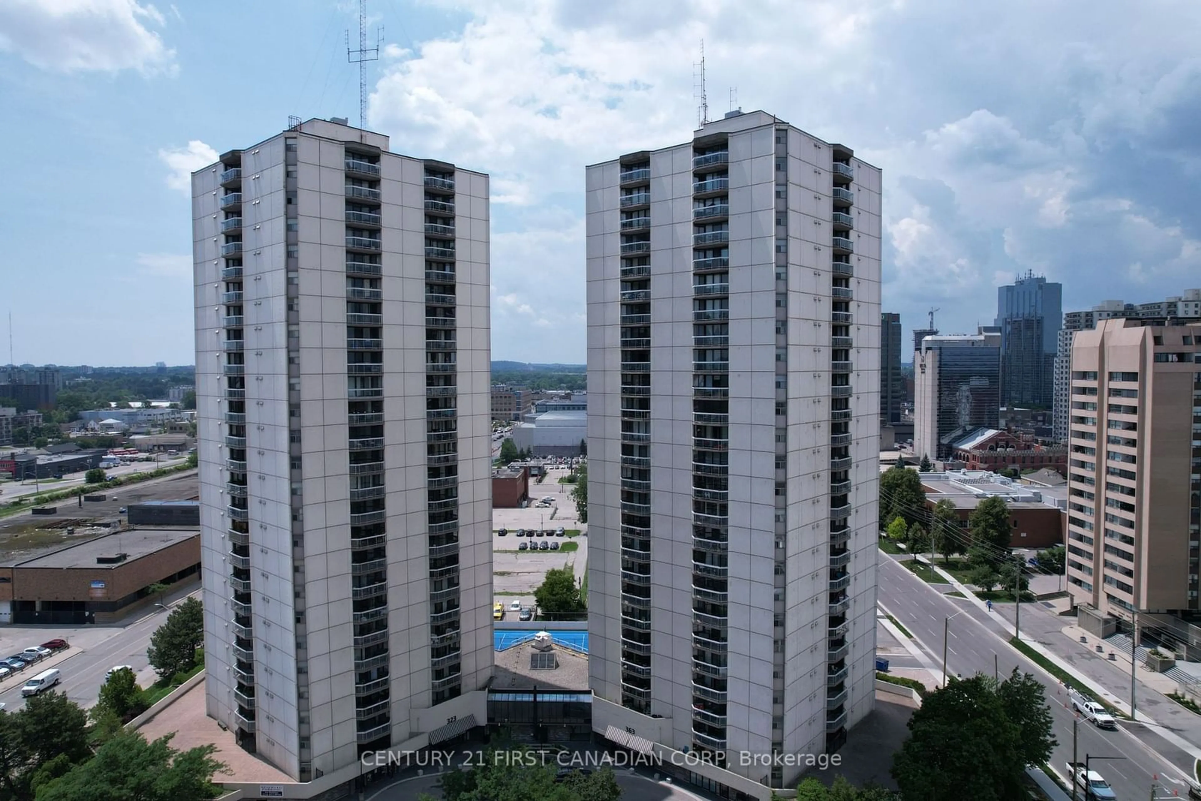 A pic from outside/outdoor area/front of a property/back of a property/a pic from drone, city buildings view from balcony for 323 Colborne St #2303, London Ontario N6B 3N8