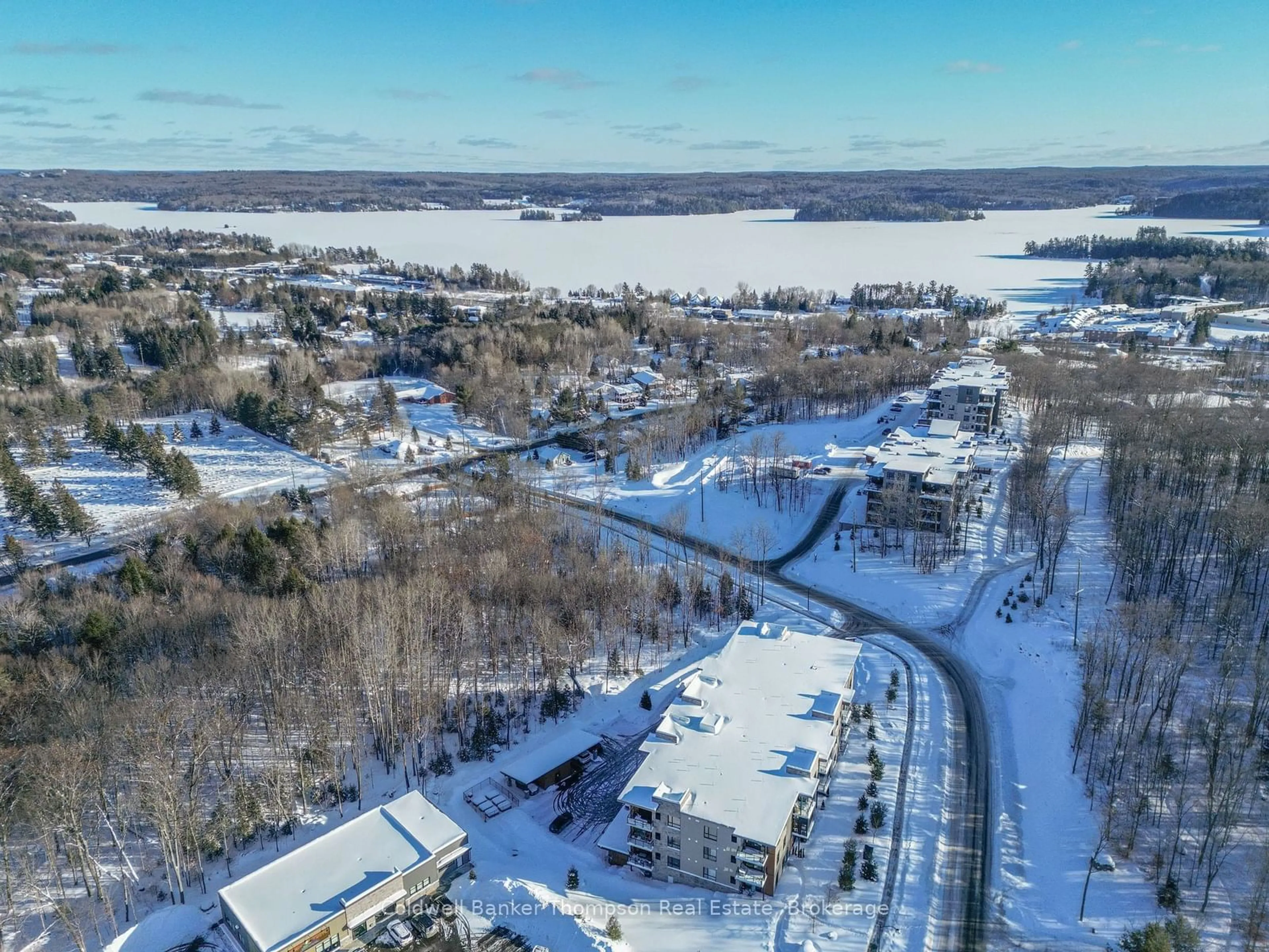 A pic from outside/outdoor area/front of a property/back of a property/a pic from drone, water/lake/river/ocean view for 23 Campus Tr #202, Huntsville Ontario P1H 0G1