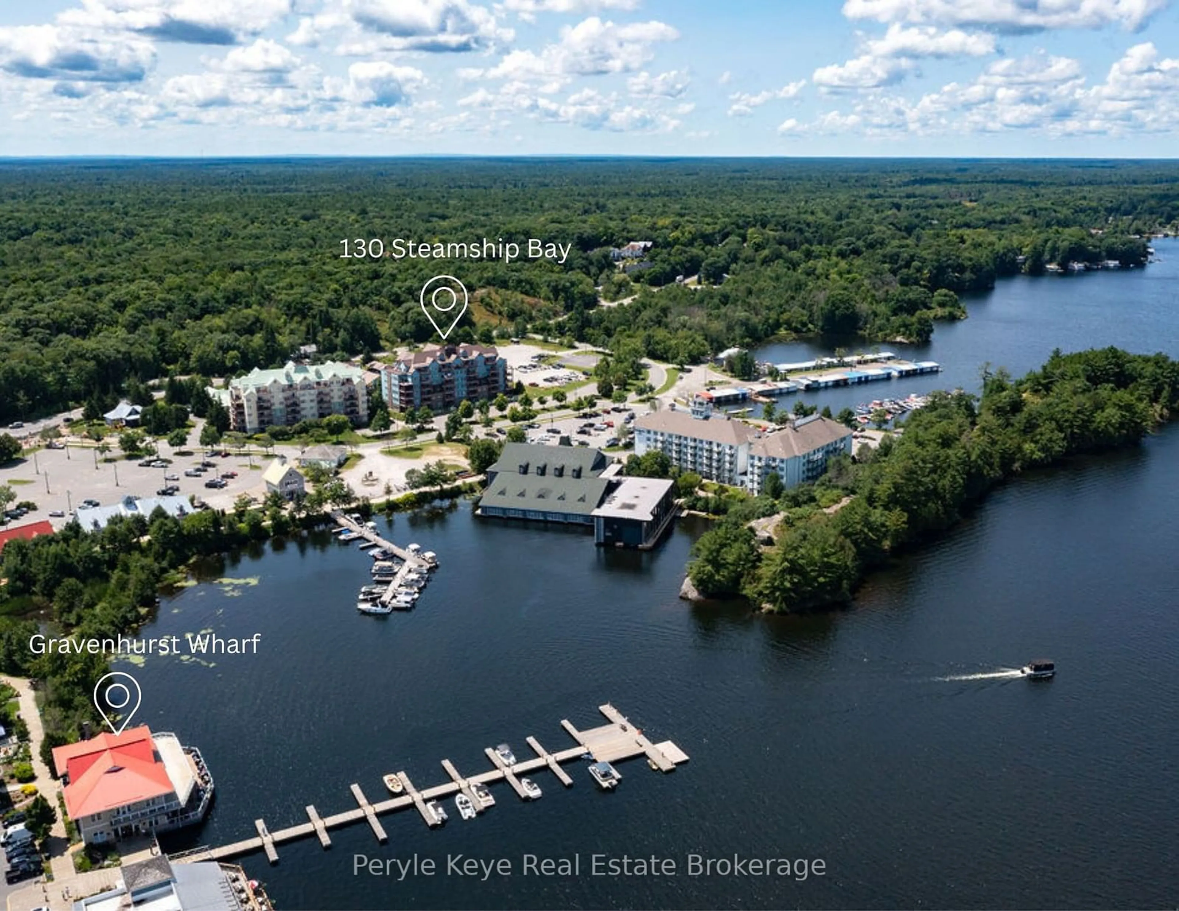 A pic from outside/outdoor area/front of a property/back of a property/a pic from drone, water/lake/river/ocean view for 130 Steamship Bay Rd #601, Gravenhurst Ontario P1P 1Z9