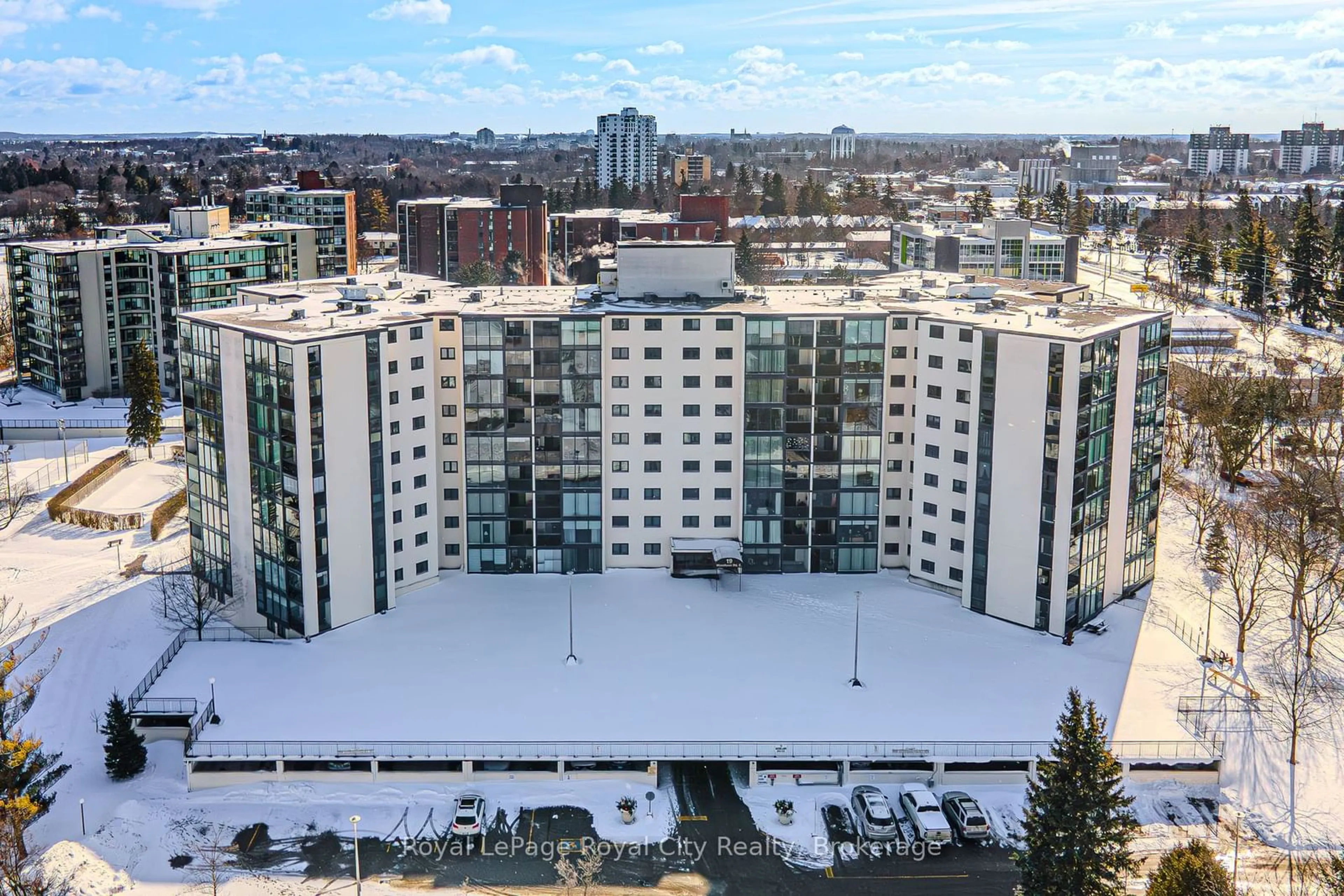 A pic from outside/outdoor area/front of a property/back of a property/a pic from drone, city buildings view from balcony for 19 Woodlawn Rd #207, Guelph Ontario N1H 7B1