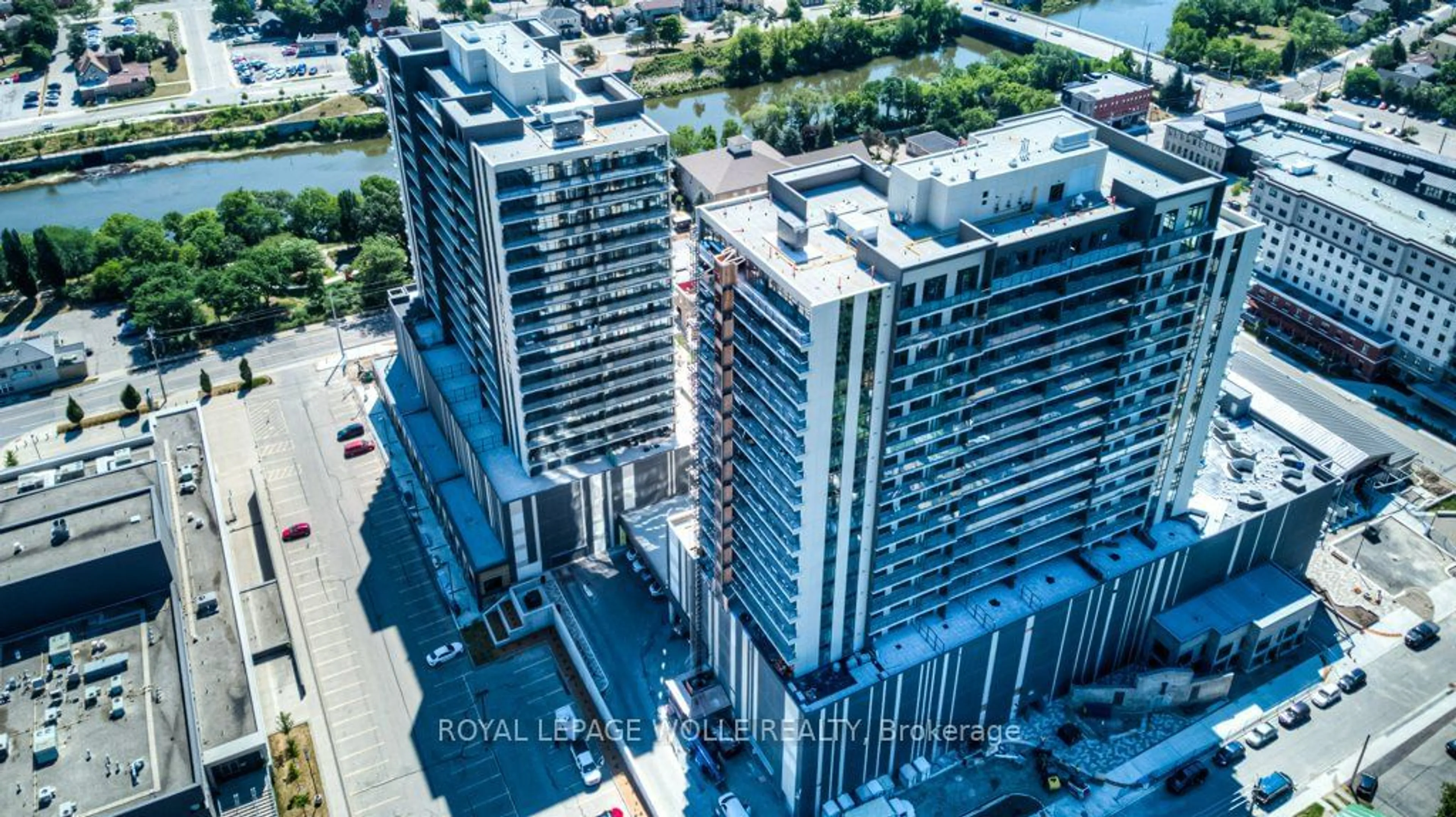 A pic from outside/outdoor area/front of a property/back of a property/a pic from drone, city buildings view from balcony for 50 Grand Ave #703, Cambridge Ontario N1S 0C2