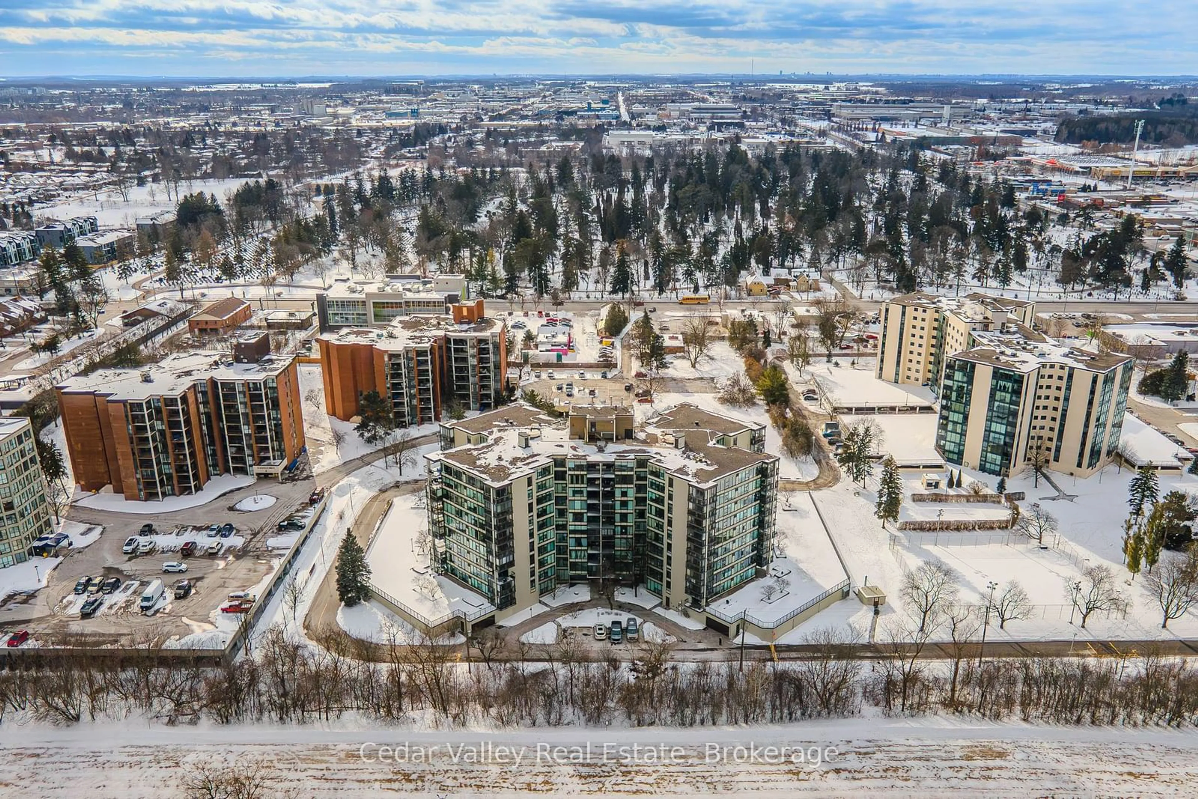 A pic from outside/outdoor area/front of a property/back of a property/a pic from drone, city buildings view from balcony for 23 Woodlawn Rd #509, Guelph Ontario N1H 7G6