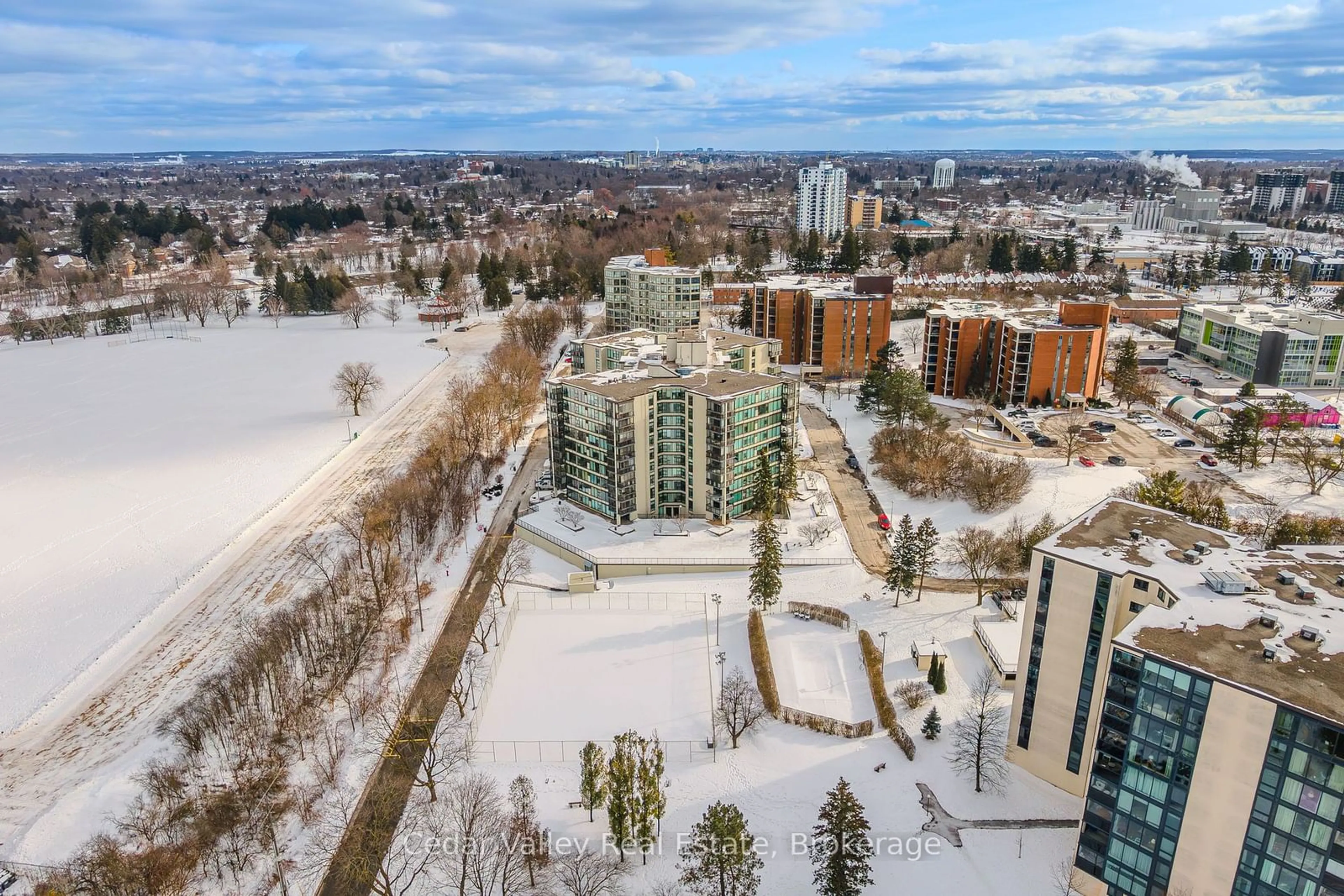 A pic from outside/outdoor area/front of a property/back of a property/a pic from drone, city buildings view from balcony for 23 Woodlawn Rd #509, Guelph Ontario N1H 7G6