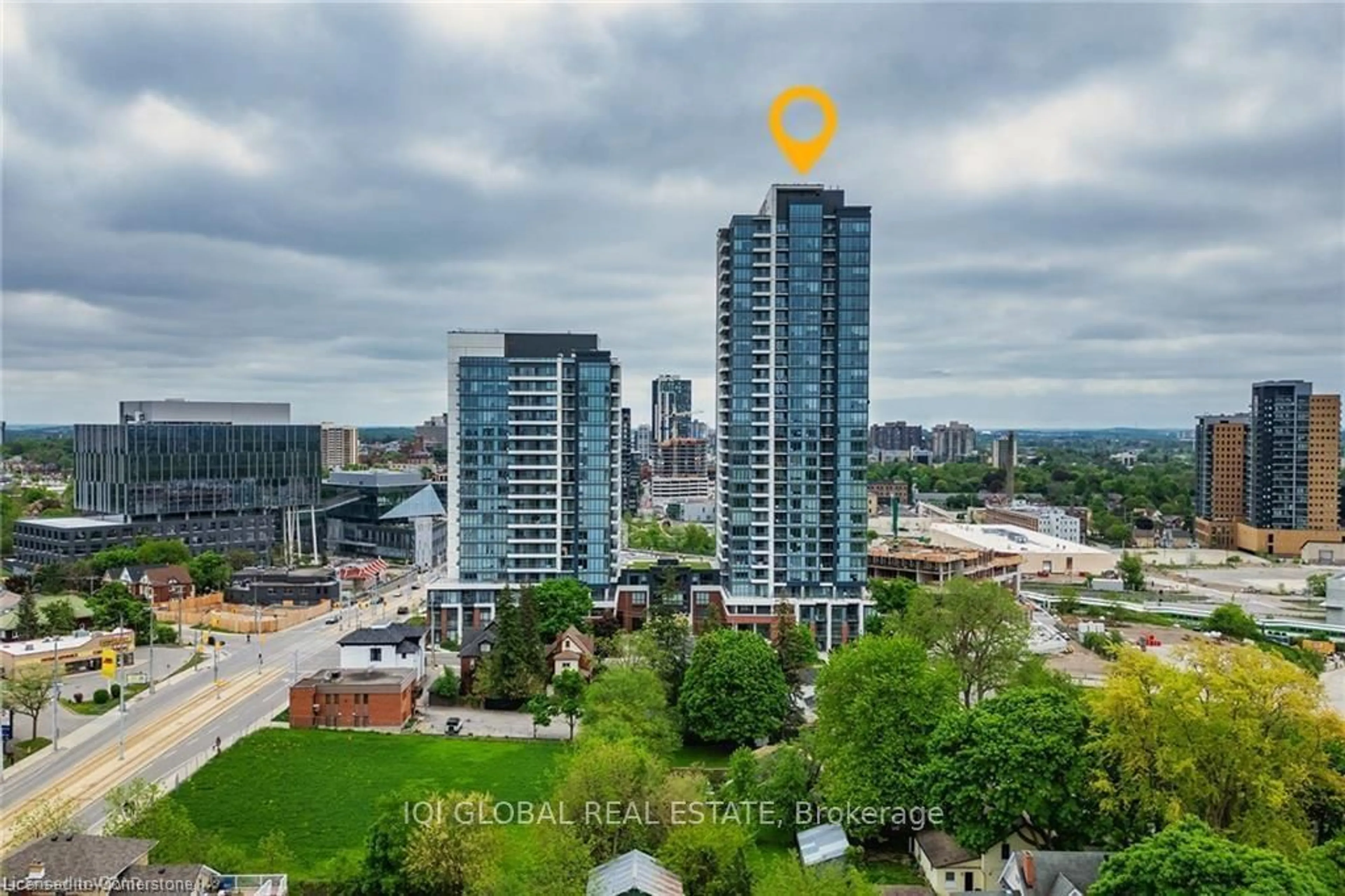 A pic from outside/outdoor area/front of a property/back of a property/a pic from drone, city buildings view from balcony for 15 Wellington St #1912, Kitchener Ontario N2G 0E4