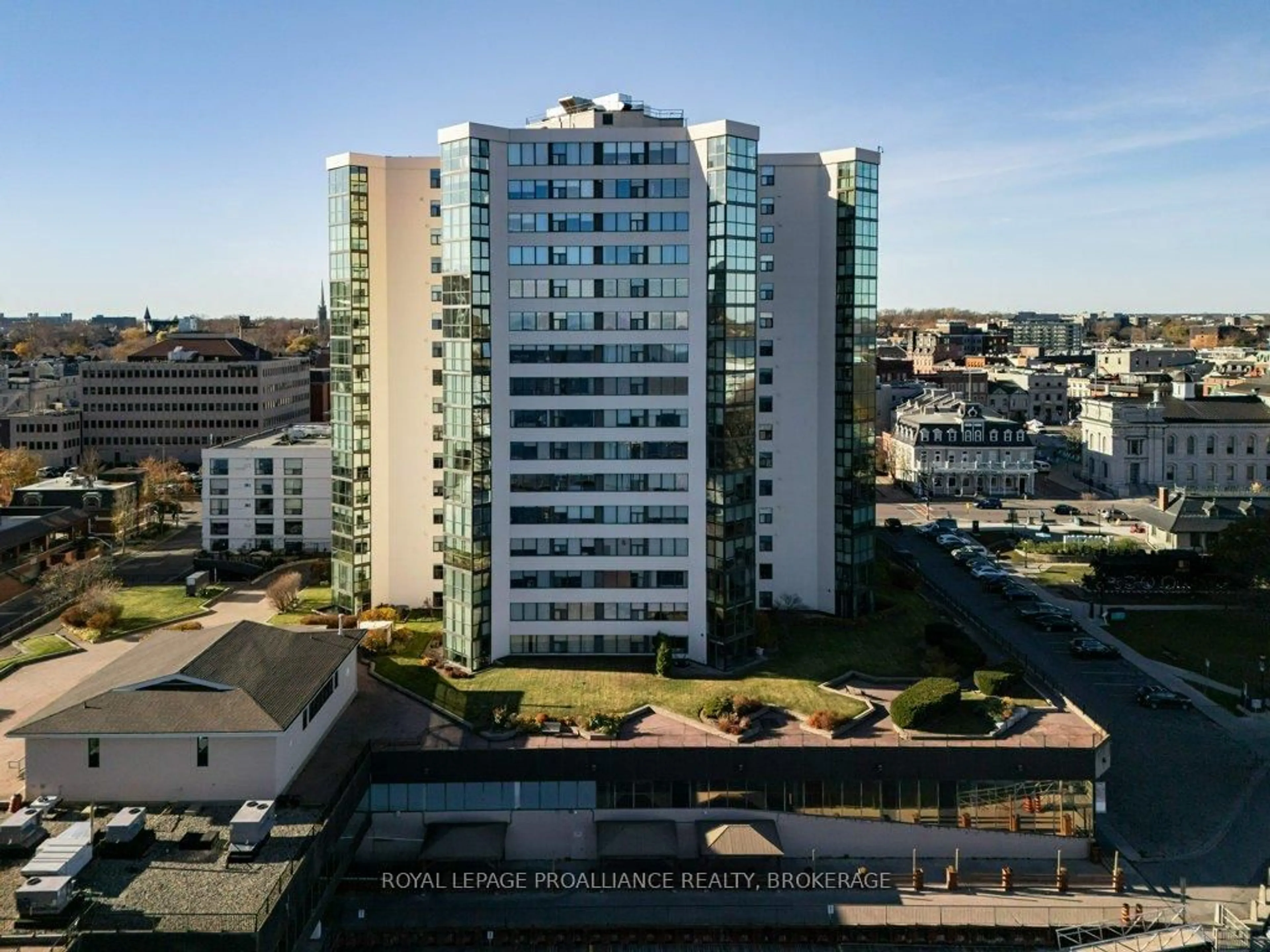 A pic from outside/outdoor area/front of a property/back of a property/a pic from drone, city buildings view from balcony for 185 Ontario St #1304, Kingston Ontario K7L 2Y7