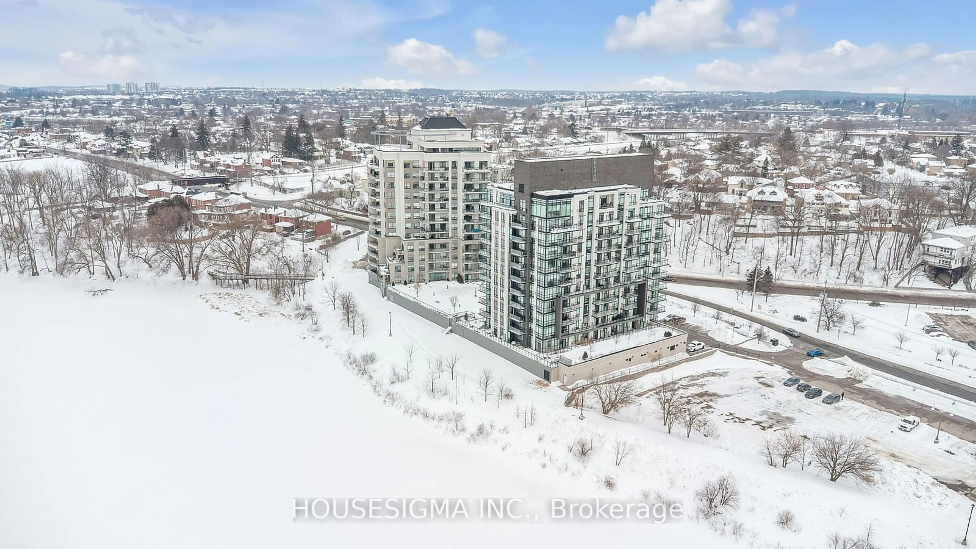 A pic from outside/outdoor area/front of a property/back of a property/a pic from drone, city buildings view from balcony for 150 Water St #201, Cambridge Ontario N1R 0B5