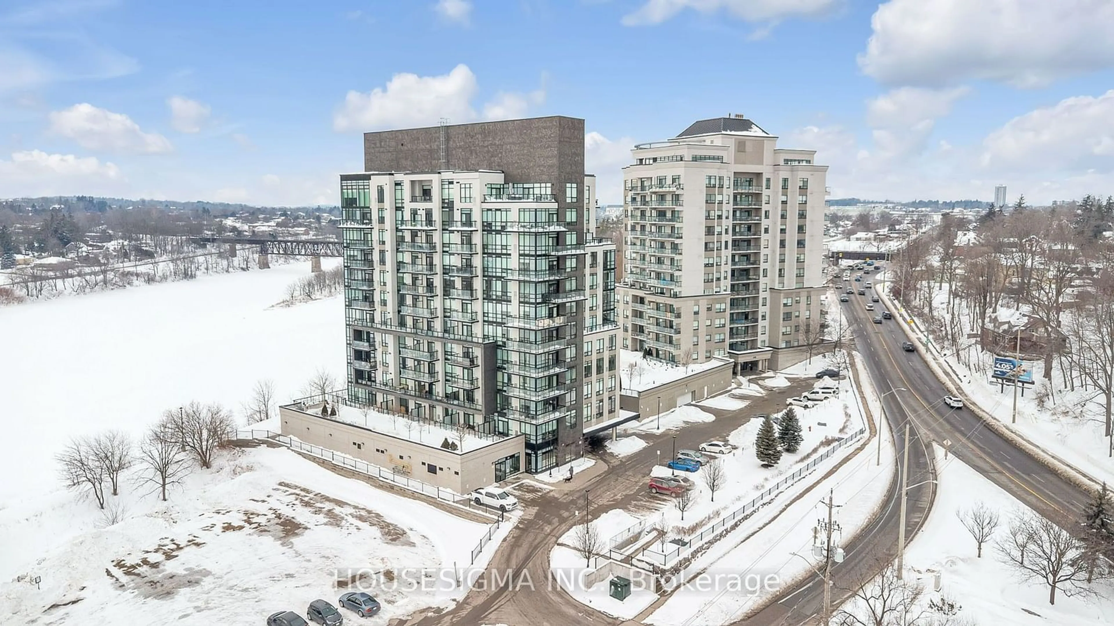 A pic from outside/outdoor area/front of a property/back of a property/a pic from drone, city buildings view from balcony for 150 Water St #201, Cambridge Ontario N1R 0B5