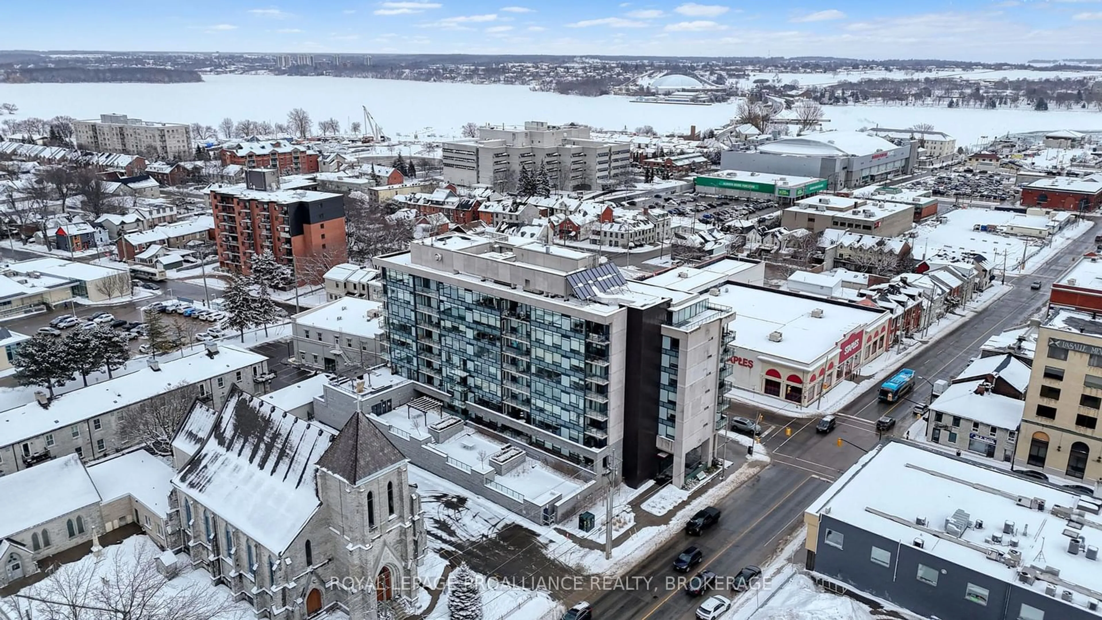 A pic from outside/outdoor area/front of a property/back of a property/a pic from drone, city buildings view from balcony for 121 Queen St #604, Kingston Ontario K7K 0G6