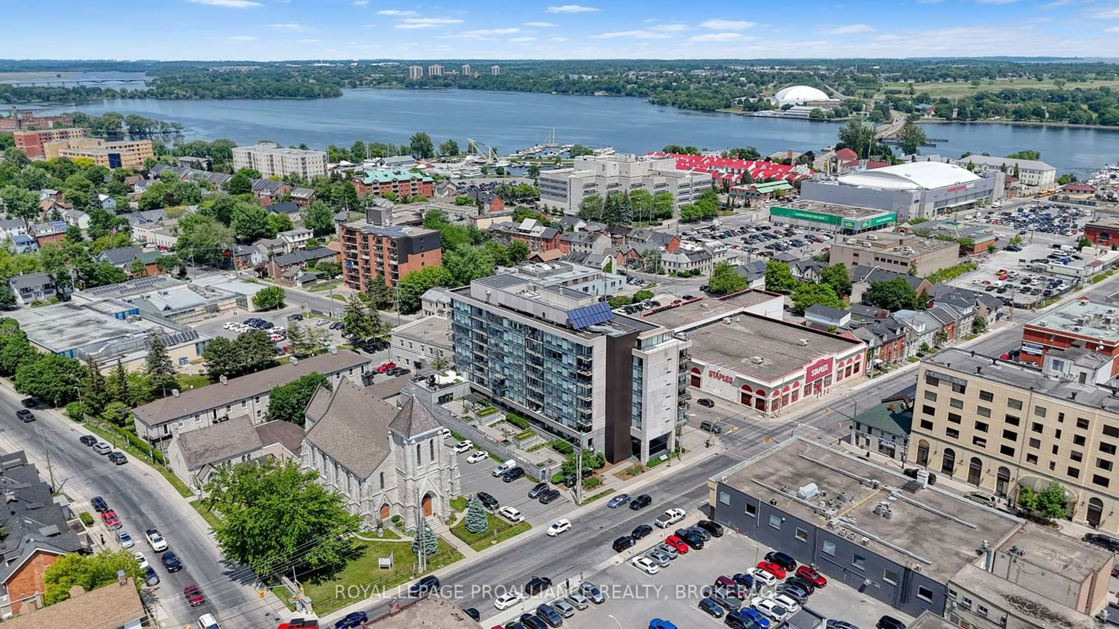 A pic from outside/outdoor area/front of a property/back of a property/a pic from drone, city buildings view from balcony for 121 Queen St #604, Kingston Ontario K7K 0G6