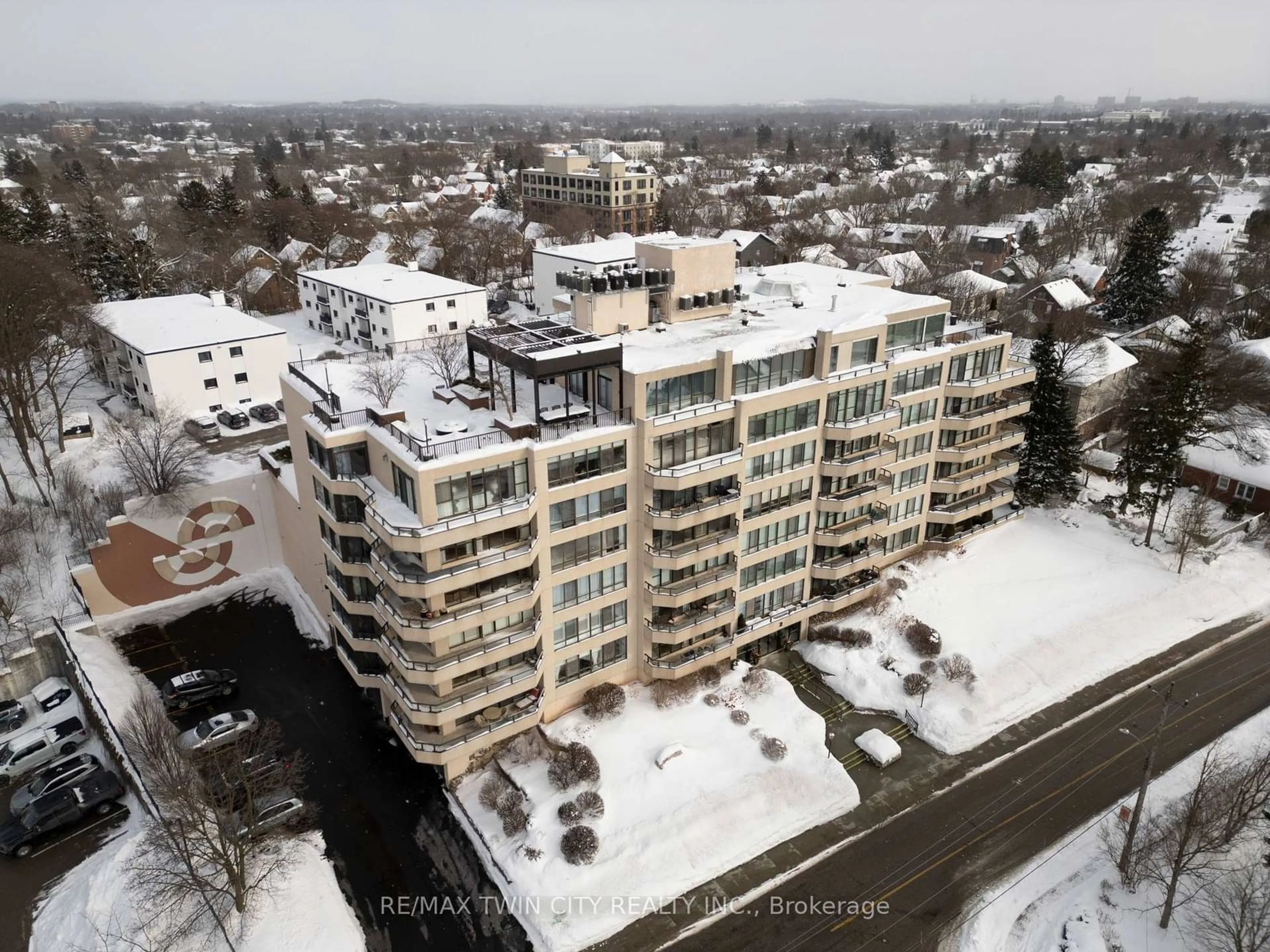 A pic from outside/outdoor area/front of a property/back of a property/a pic from drone, city buildings view from balcony for 2 Lancaster St #504, Kitchener Ontario N2H 6S3