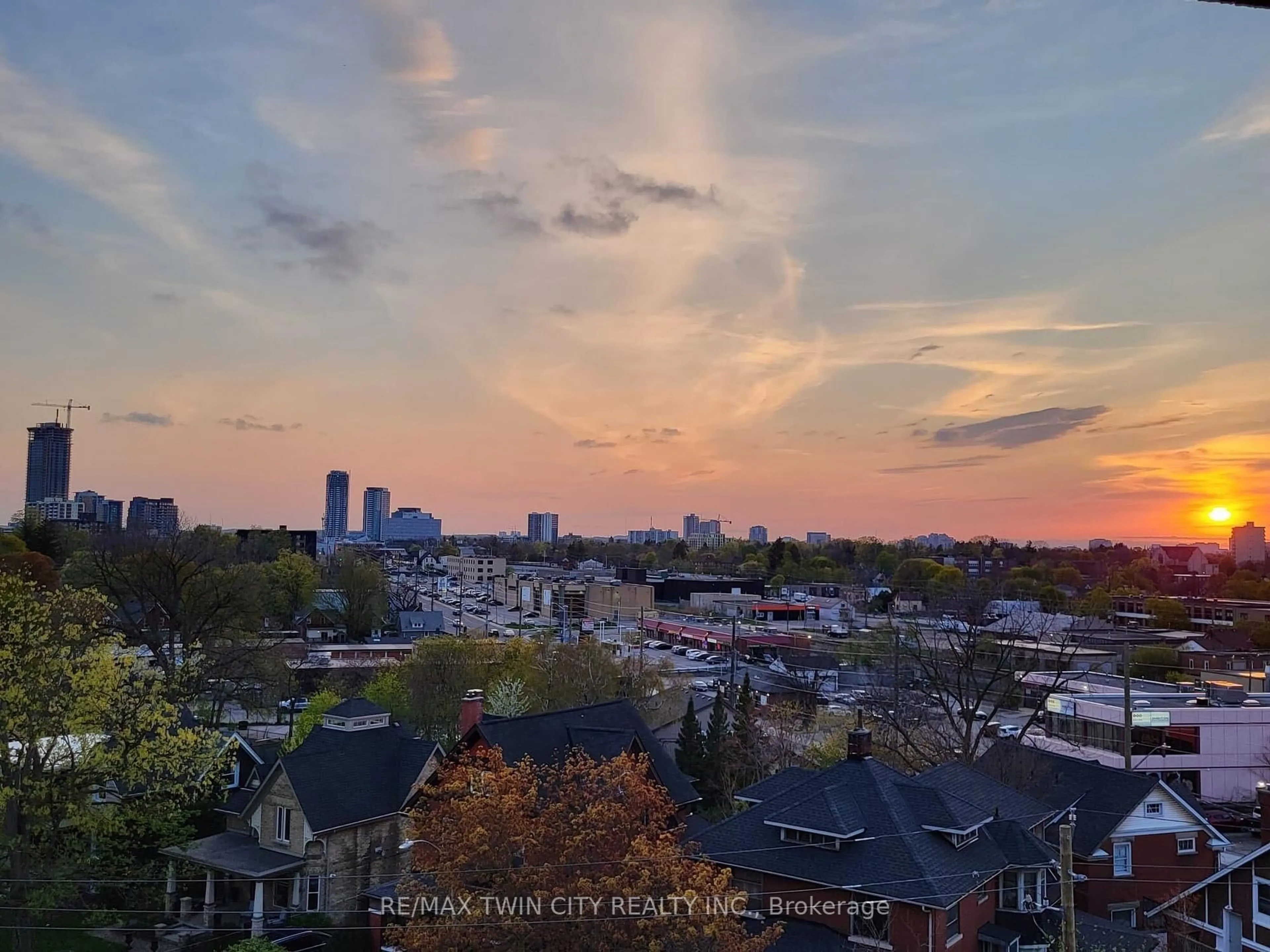 A pic from outside/outdoor area/front of a property/back of a property/a pic from drone, city buildings view from balcony for 2 Lancaster St #504, Kitchener Ontario N2H 6S3