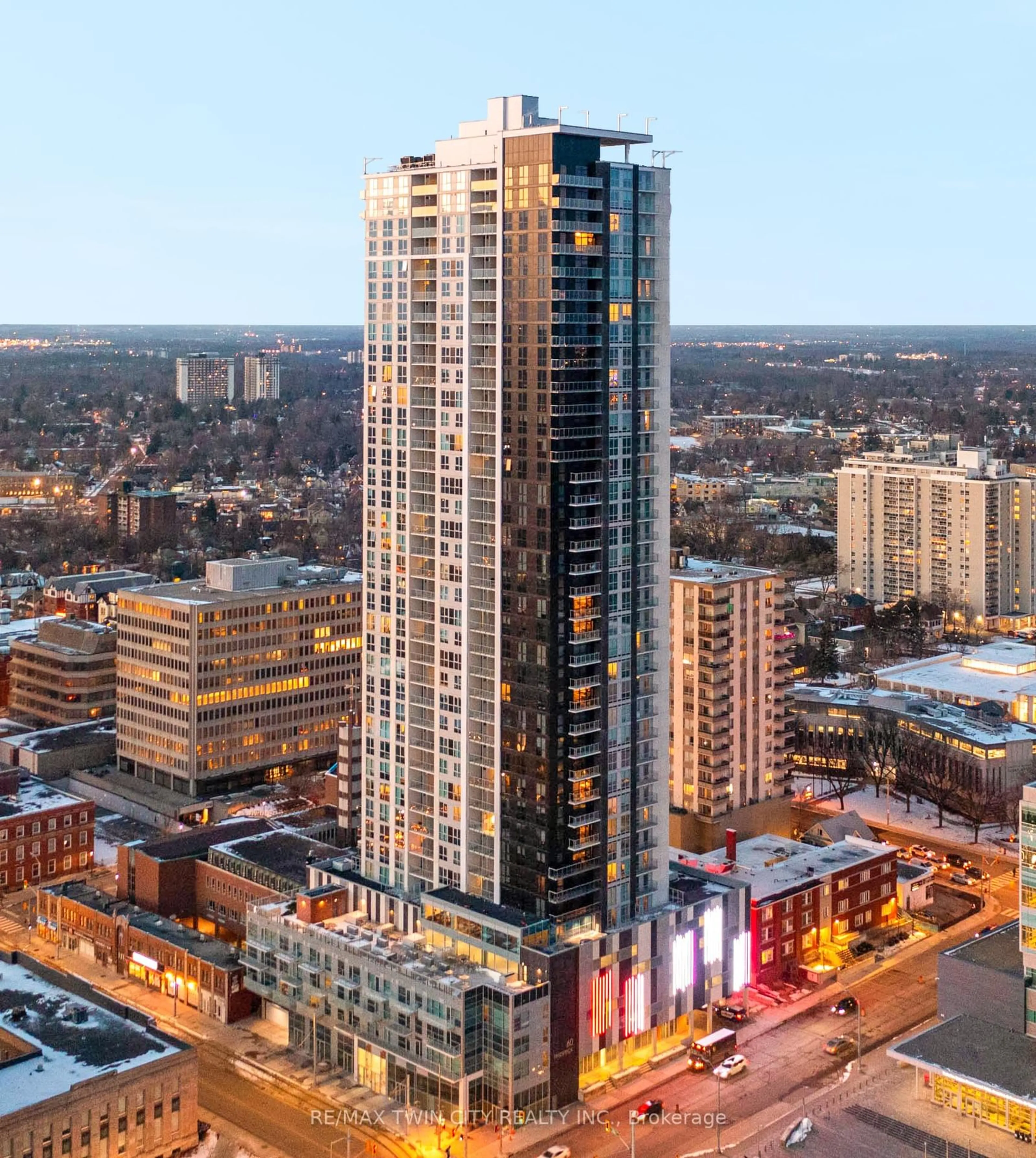 A pic from outside/outdoor area/front of a property/back of a property/a pic from drone, city buildings view from balcony for 60 Frederick St #2910, Kitchener Ontario N2H 0C7