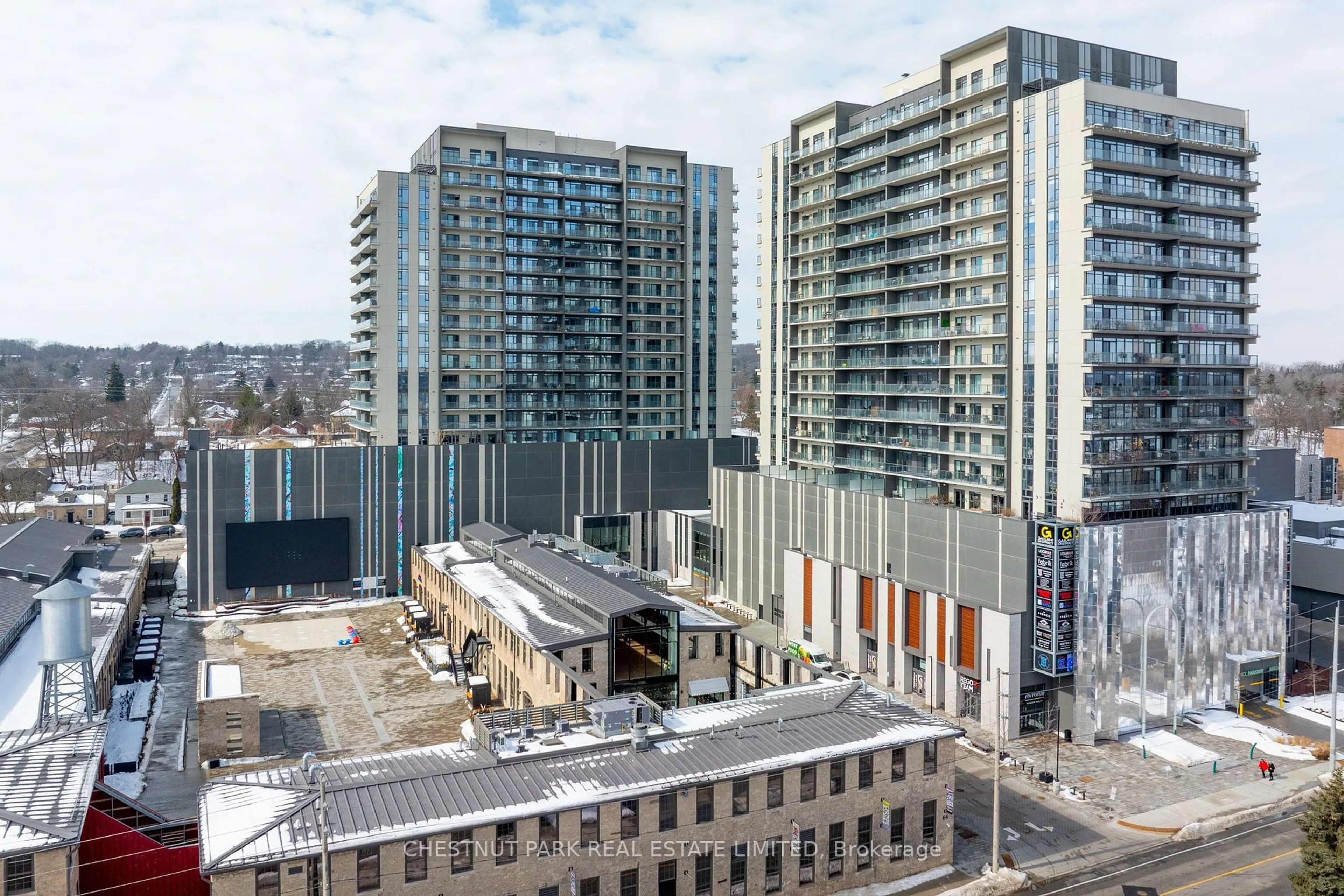 A pic from outside/outdoor area/front of a property/back of a property/a pic from drone, city buildings view from balcony for 15 Glebe St #2001, Cambridge Ontario N1S 0C3