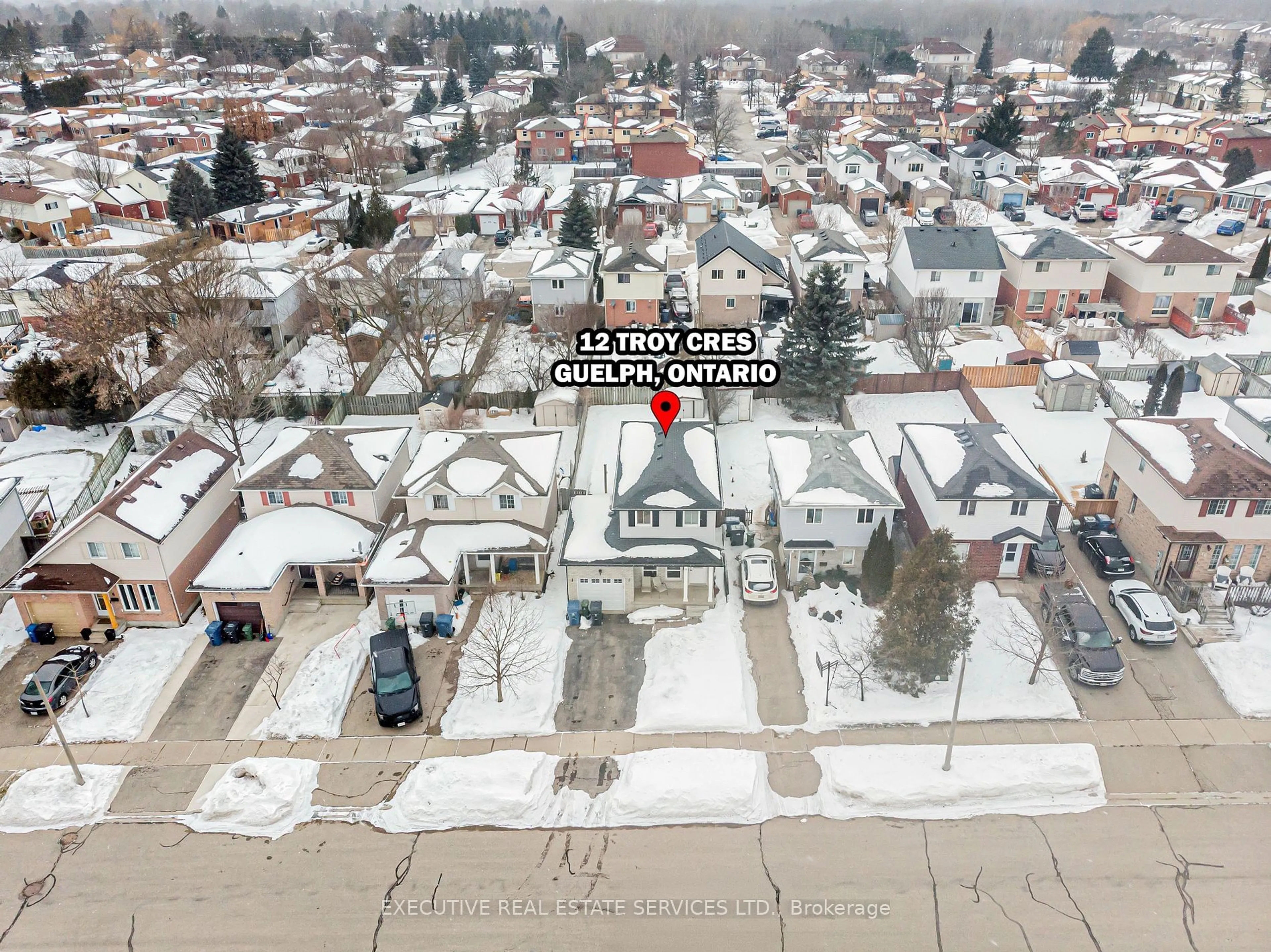 A pic from outside/outdoor area/front of a property/back of a property/a pic from drone, street for 12 Troy Cres, Guelph Ontario N1E 6W7