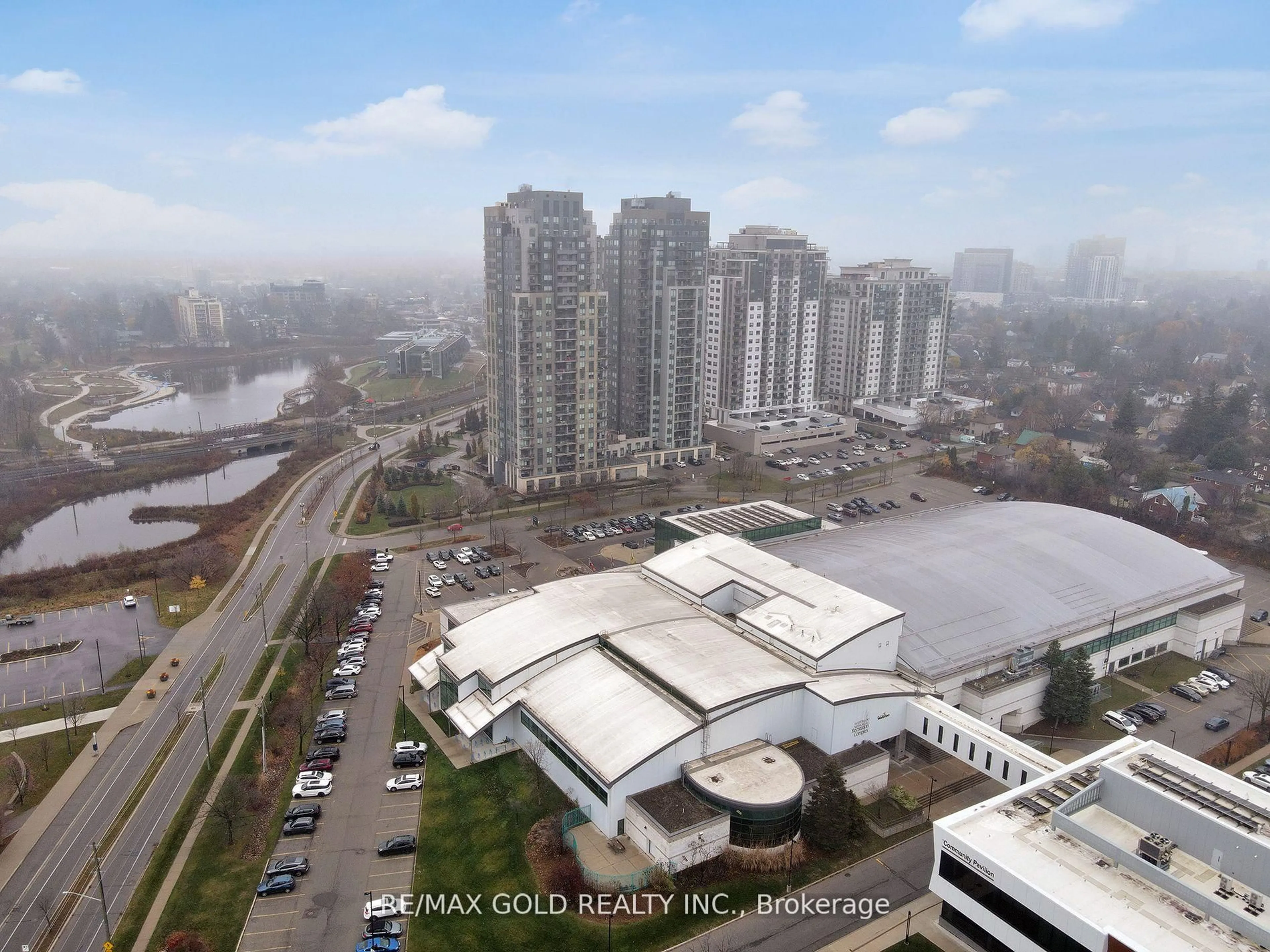 A pic from outside/outdoor area/front of a property/back of a property/a pic from drone, city buildings view from balcony for 223 Erb St #204, Waterloo Ontario N2L 0B3