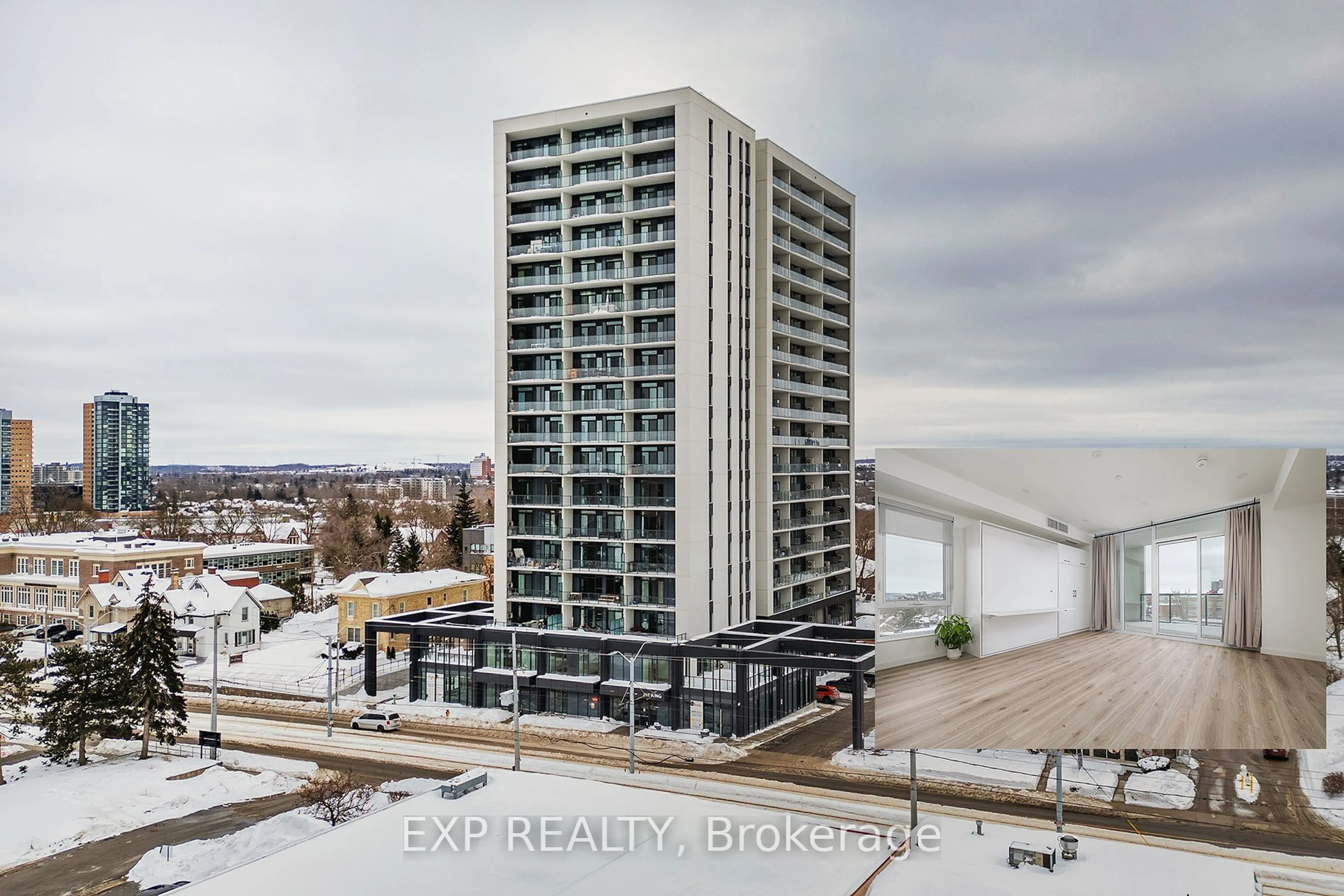 A pic from outside/outdoor area/front of a property/back of a property/a pic from drone, city buildings view from balcony for 741 King St #613, Kitchener Ontario N2G 1E5