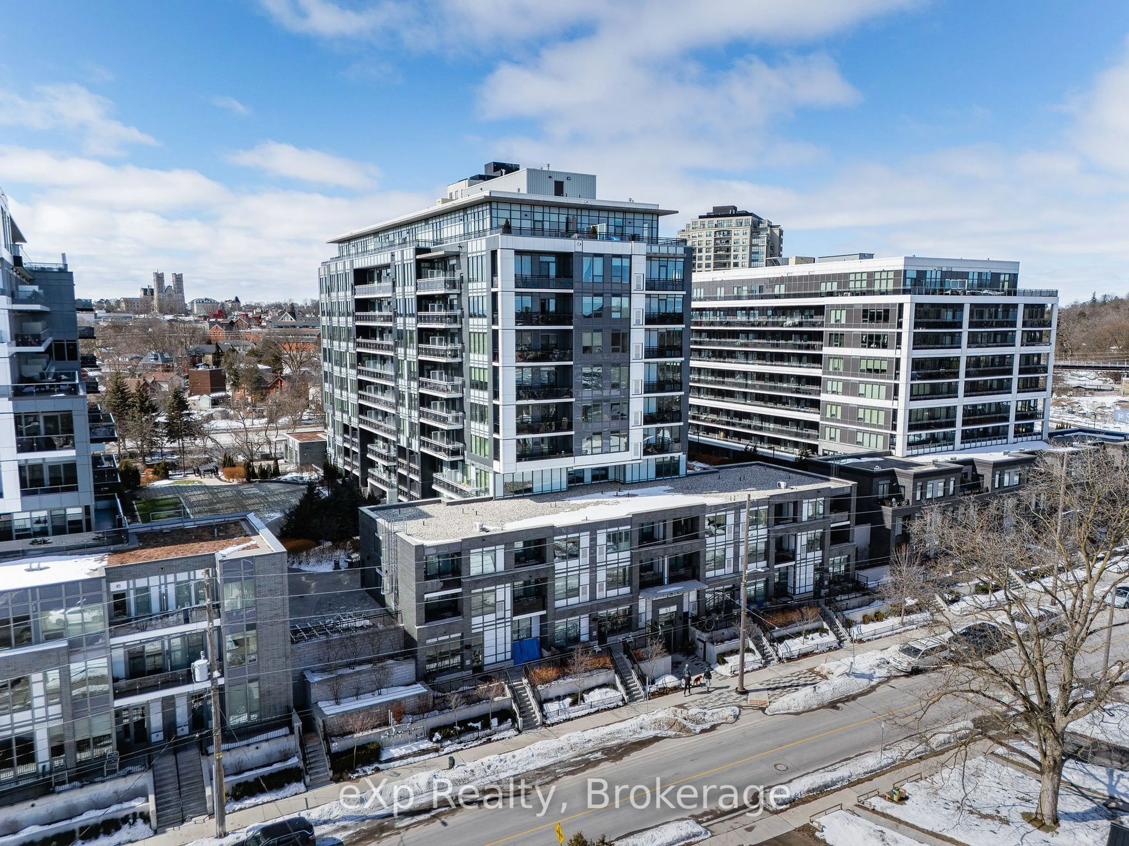 A pic from outside/outdoor area/front of a property/back of a property/a pic from drone, city buildings view from balcony for 63 Arthur St #612, Guelph Ontario N1E 0A8